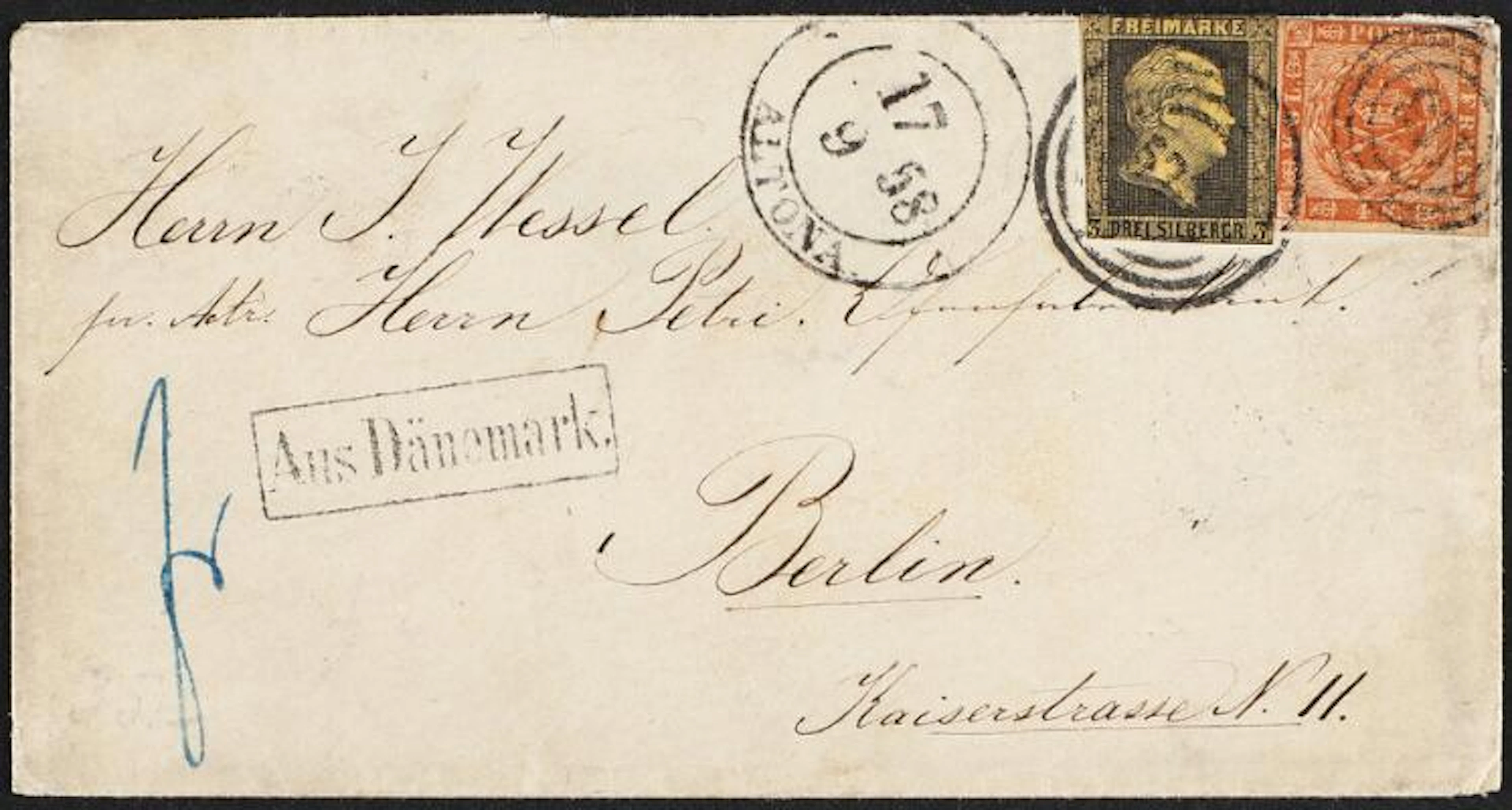 1854. 4 sk. brown and Preussia, 3 Silbergroschen, black/yellow. Mixed