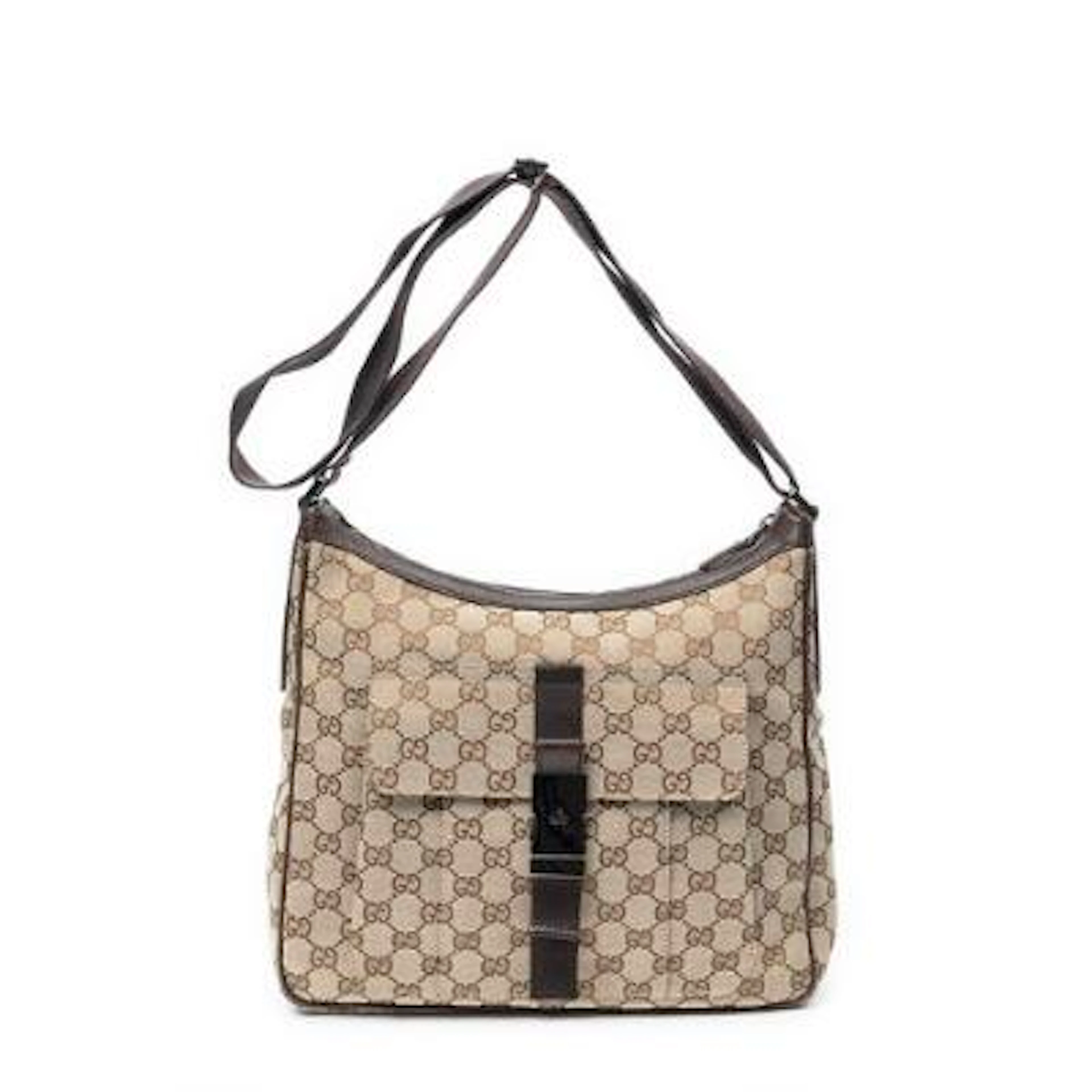 Gucci: A "Front Buckle Messenger" bag in brown/beige monogram canvas