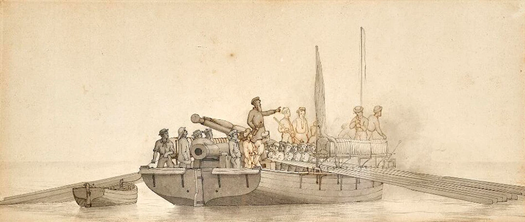 C. W. Eckersberg: A gunboat in battle. Unsigned. Drawing ink and wash