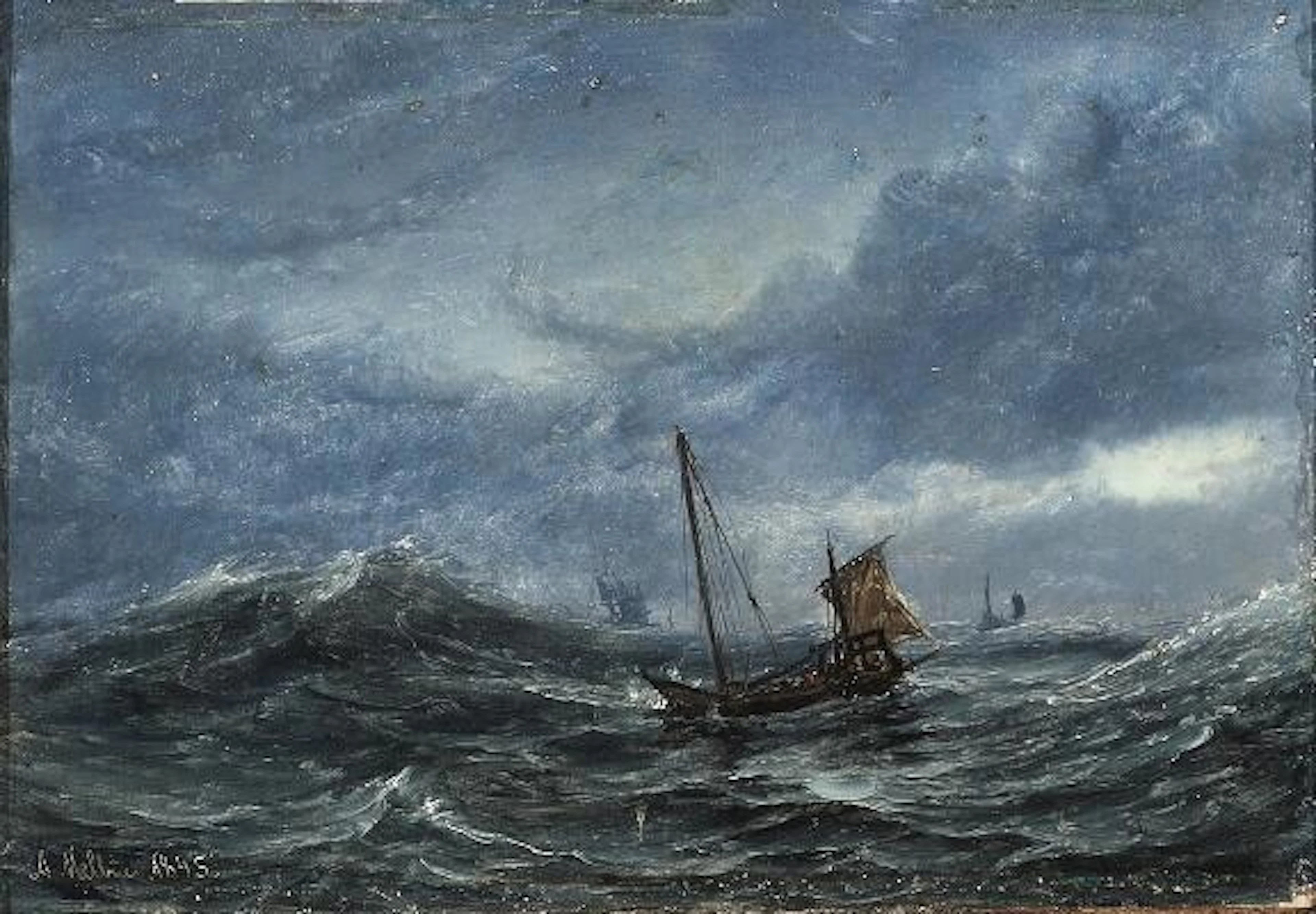 Anton Melbye: Seascape with a small sailing ship at high sea. Signed