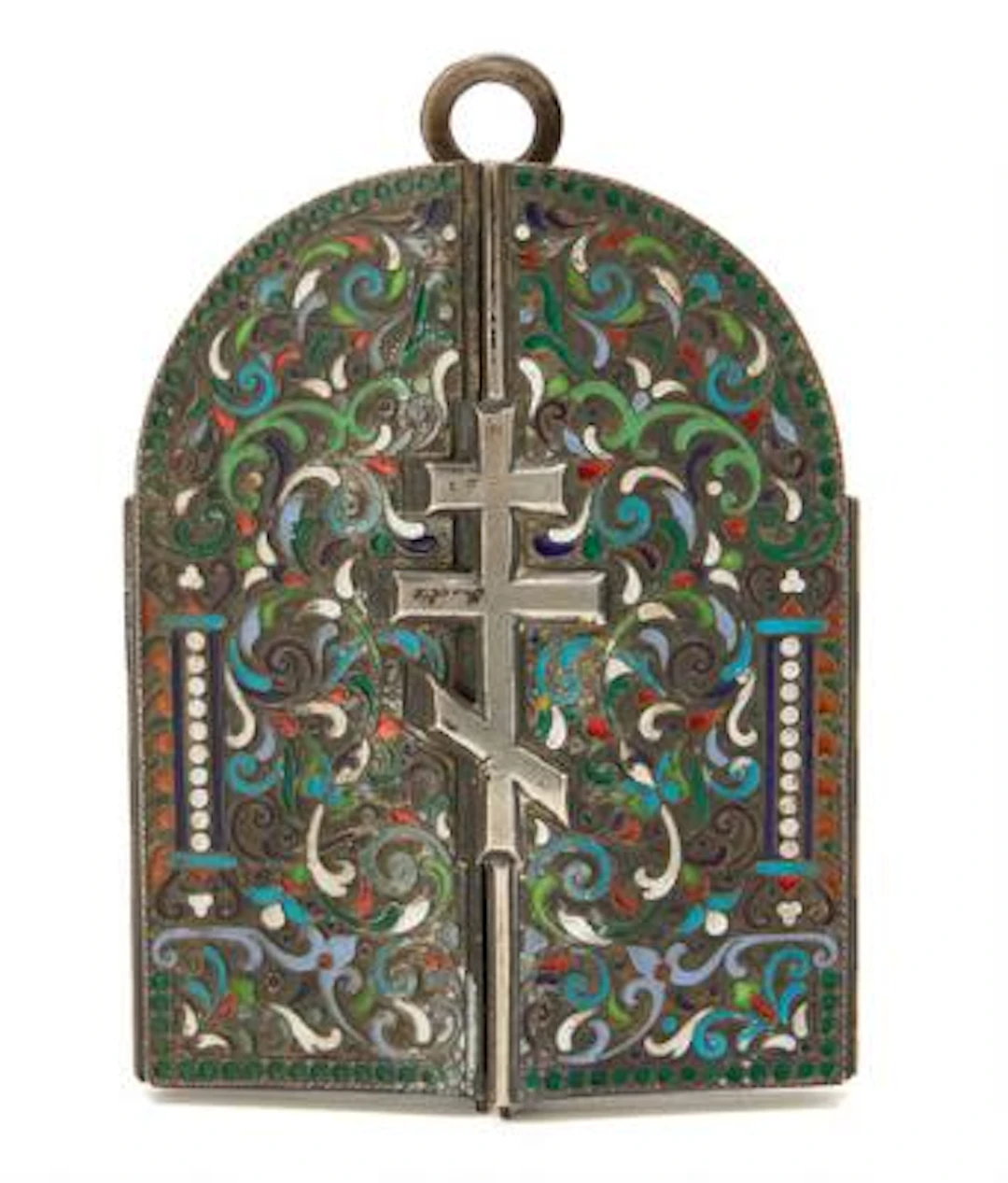A Russian silver and cloisonné enamel triptych frame. St. Petersburg