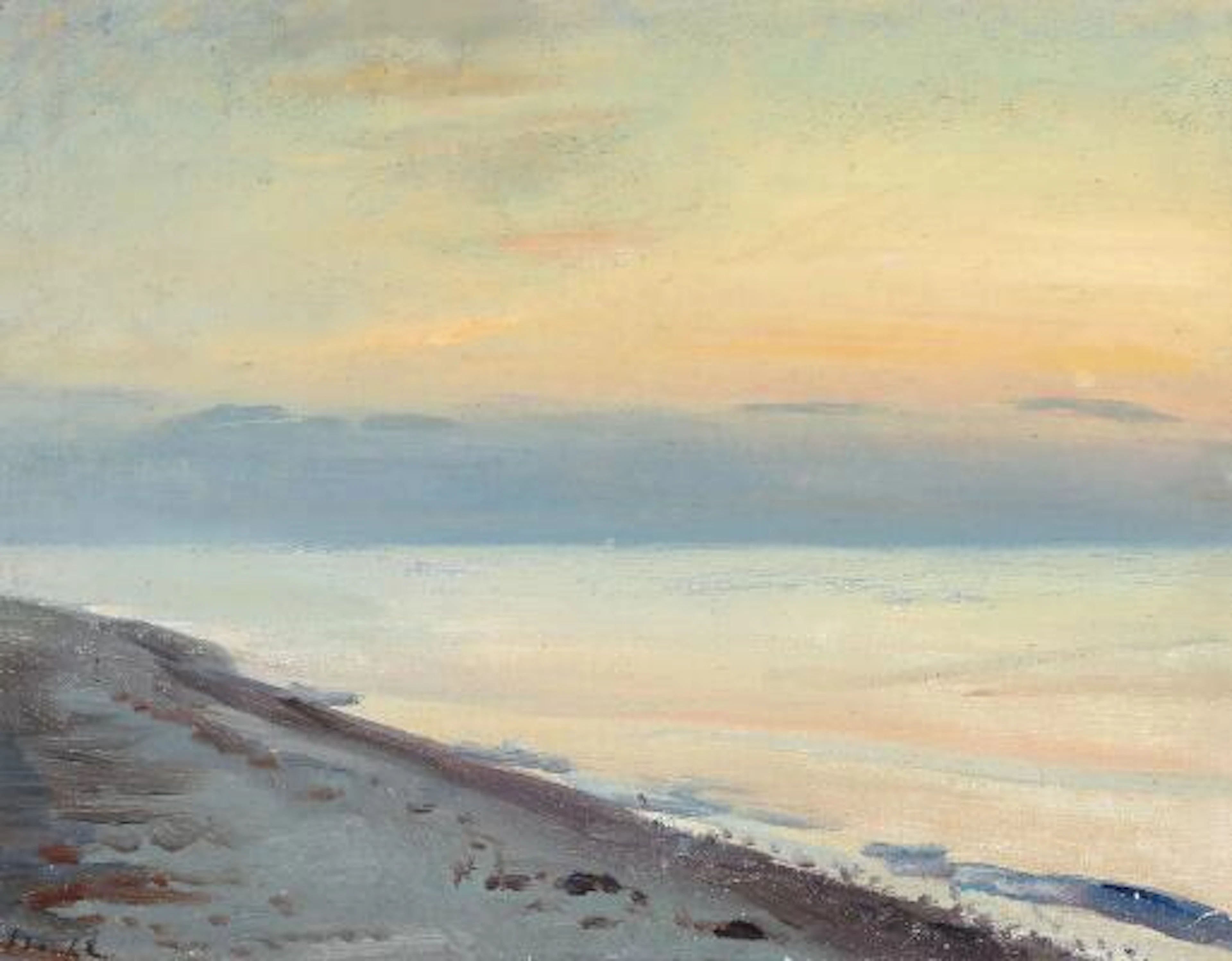 Michael Ancher: Sunrise at Sønderstrand, Skagen. Signed MA. Oil on