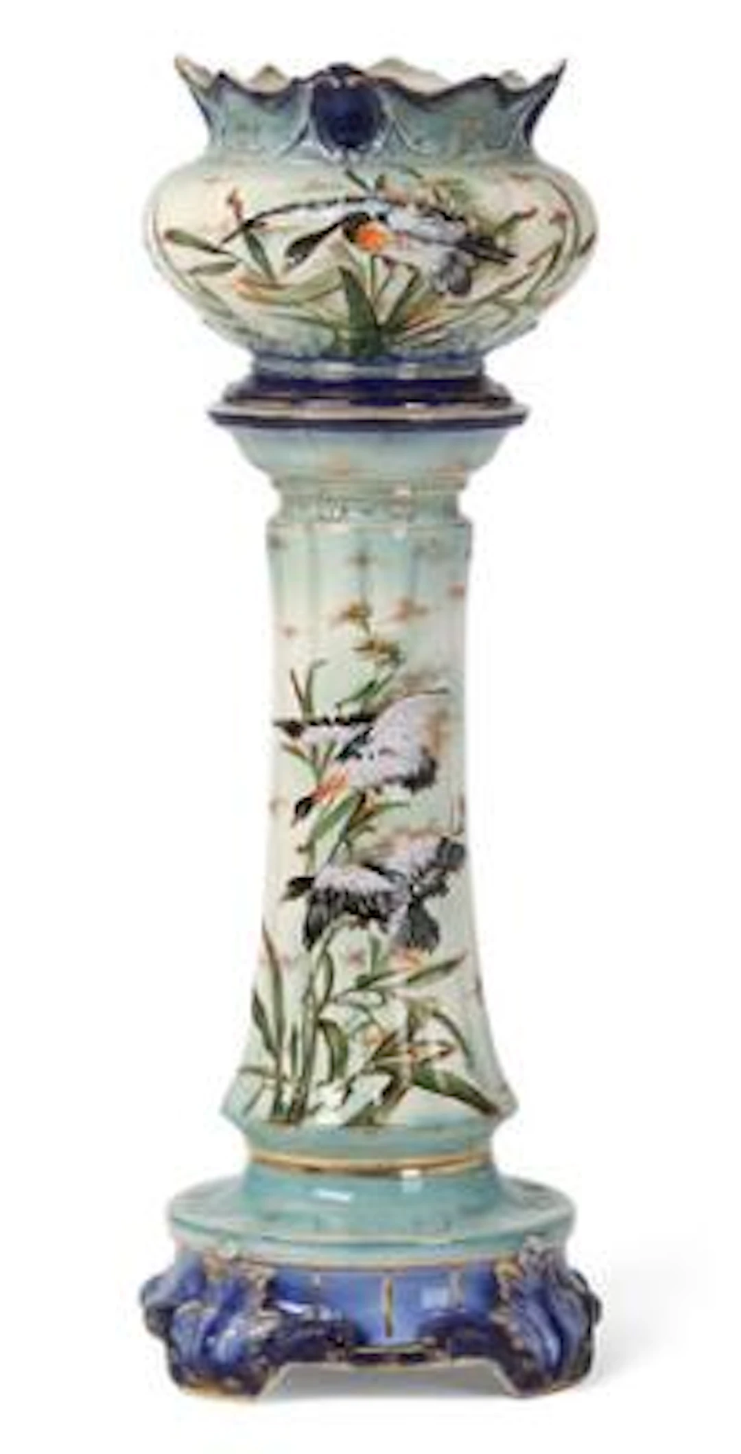 Three-part English Victorian jardinière with fitted pedestal. Unmarked.