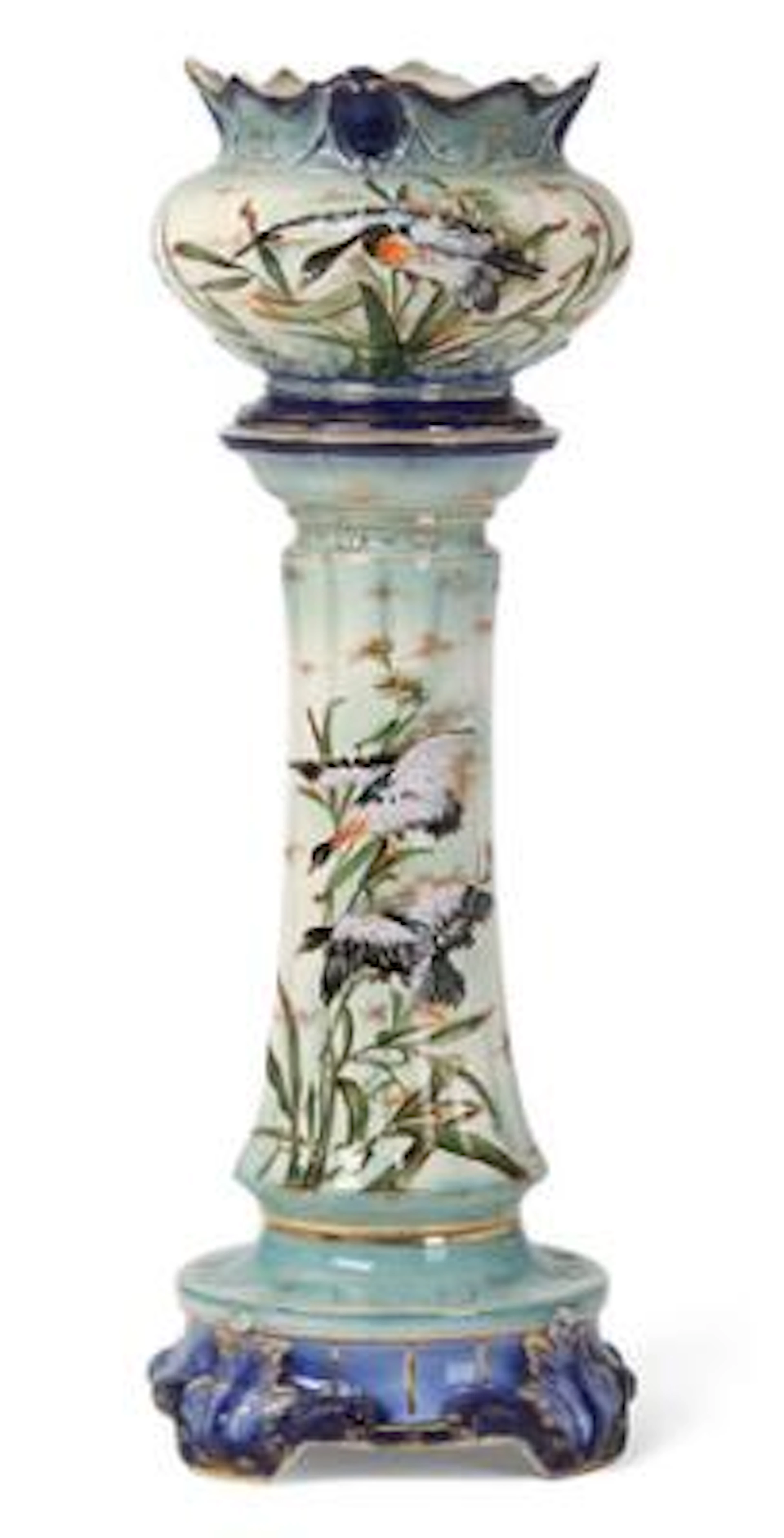 Three-part English Victorian jardinière with fitted pedestal. Unmarked.