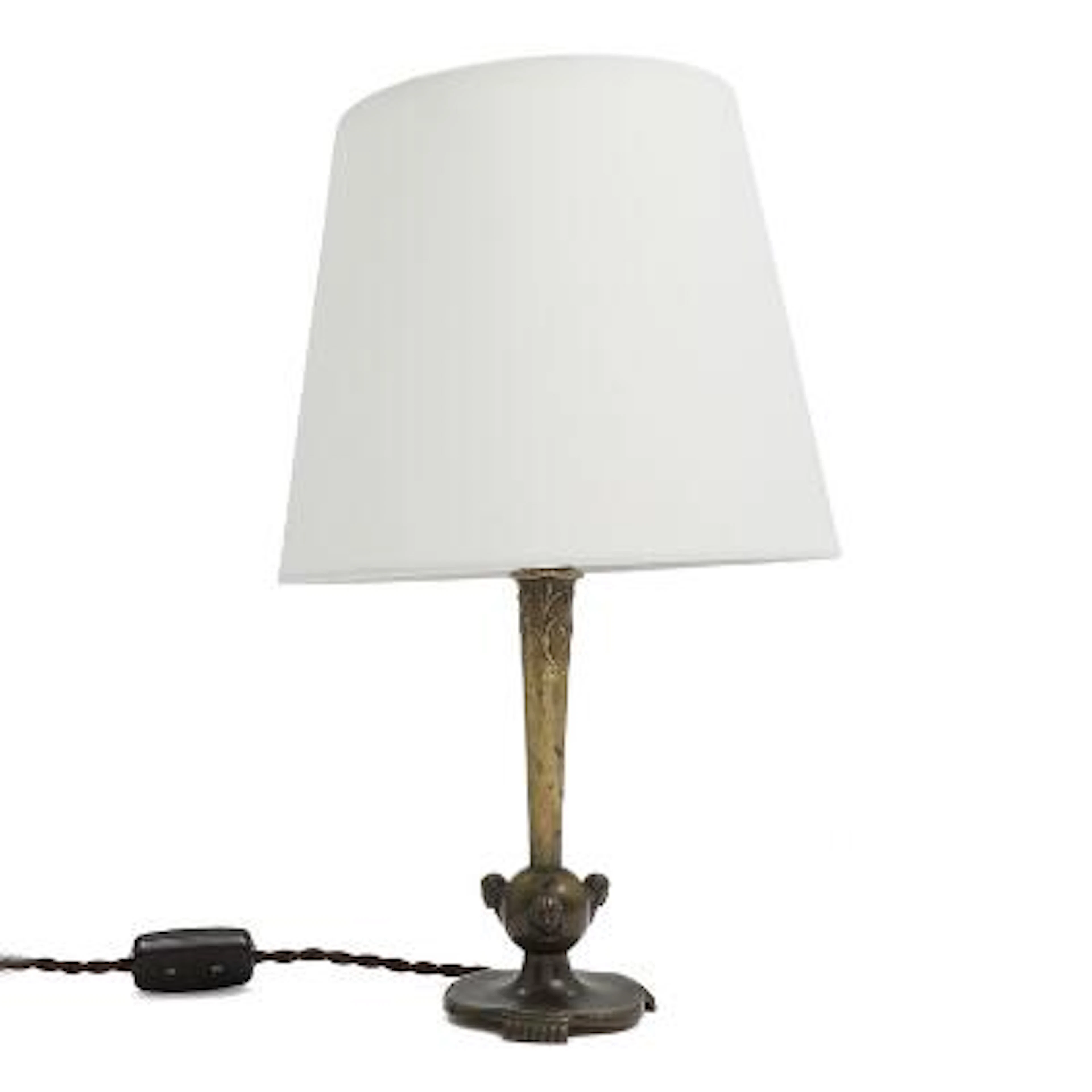 Art Dèco patinated brass table lamp, stem forged with sphere bearing
