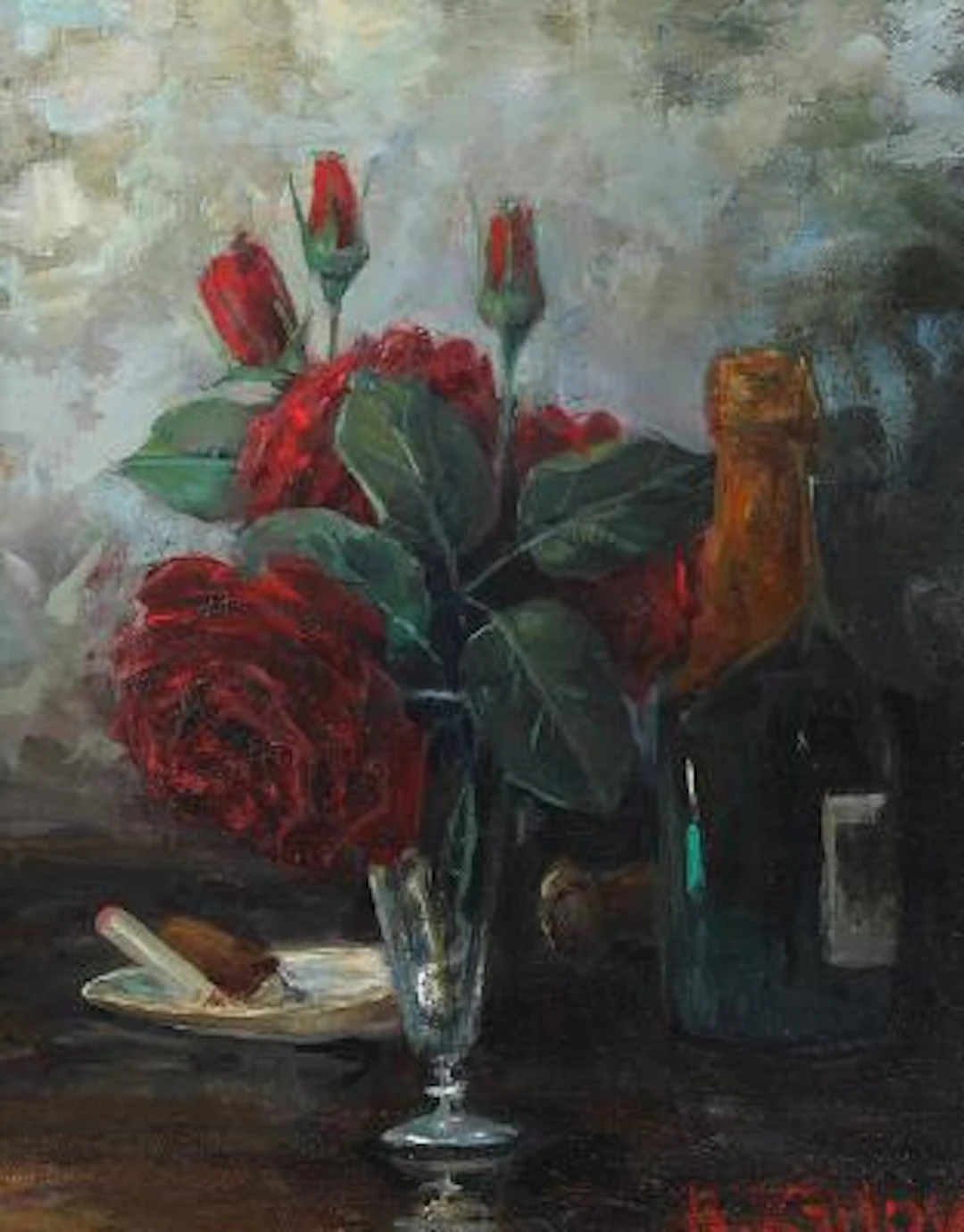 Boris Krilov: Still life with red roses in vase and a champagne bottle.