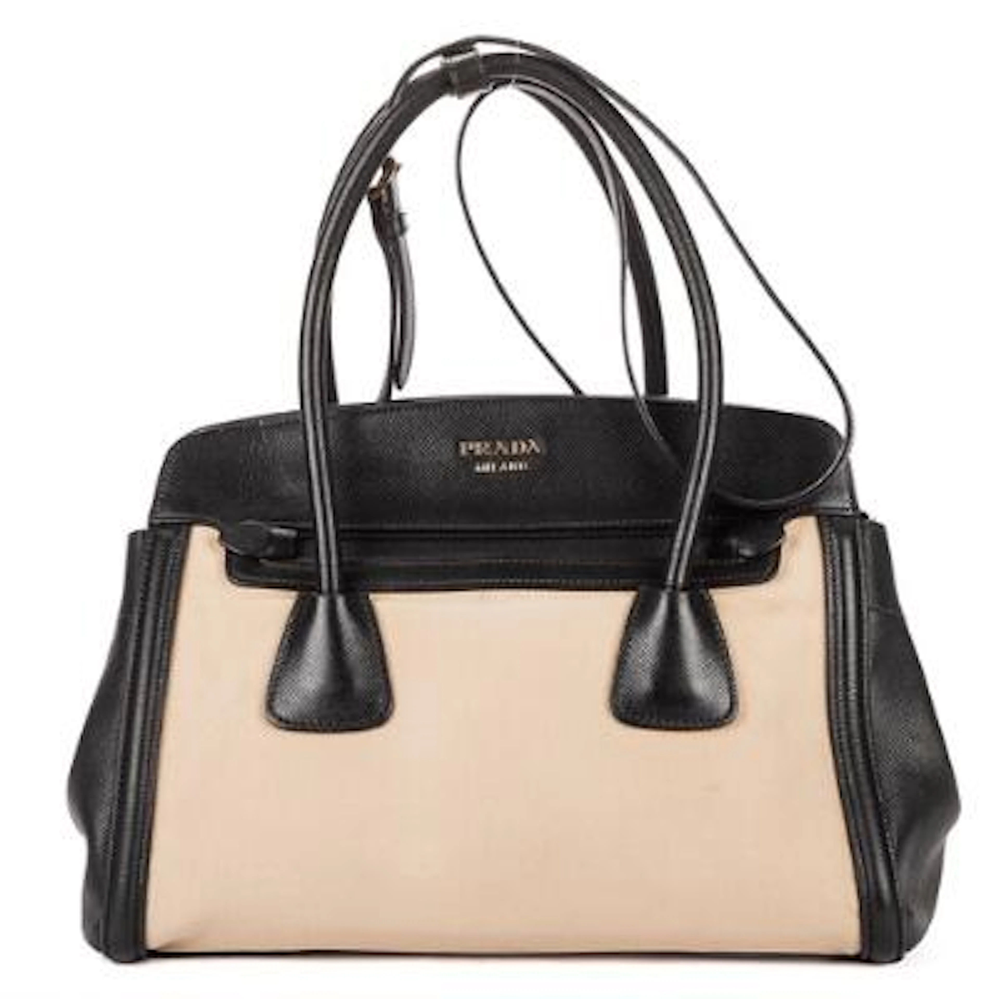 Prada: An "Open Tote" in partly black leather and beige canvas with