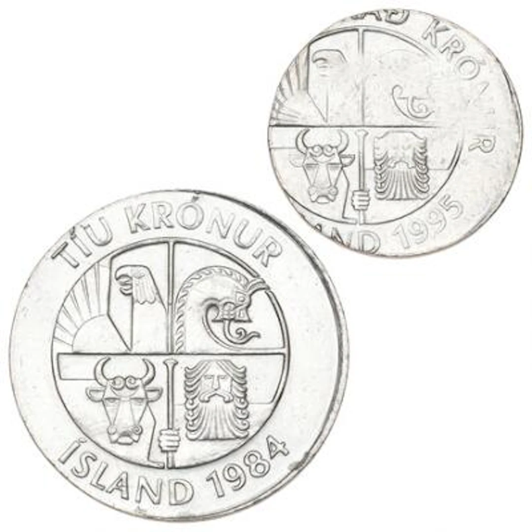 Iceland, error coins, 10 Krónur 1984, slightly off-center, and 100
