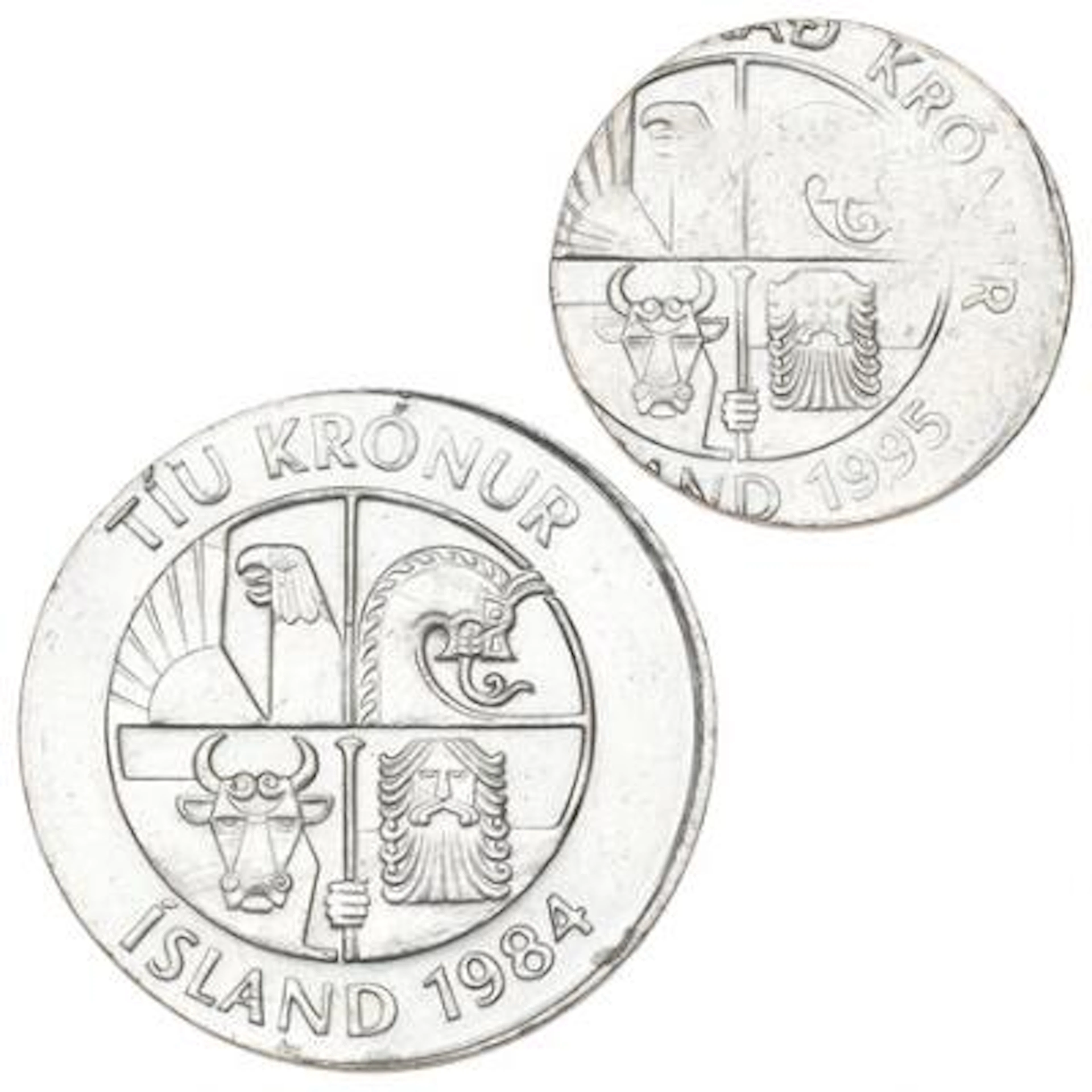 Iceland, error coins, 10 Krónur 1984, slightly off-center, and 100