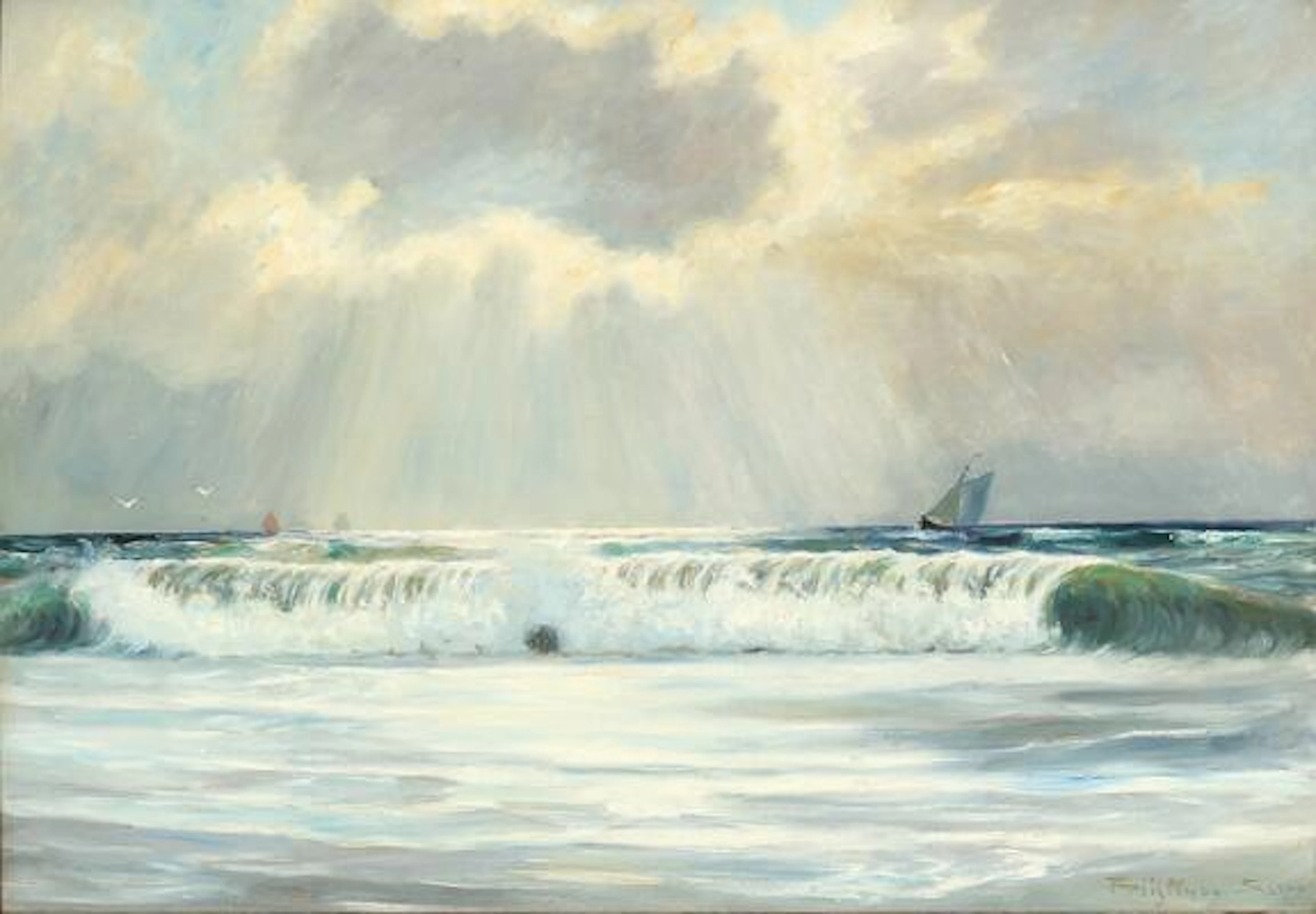 Poul Friis Nybo: Sun over the breakers at Skagen. Signed Friis Nybo