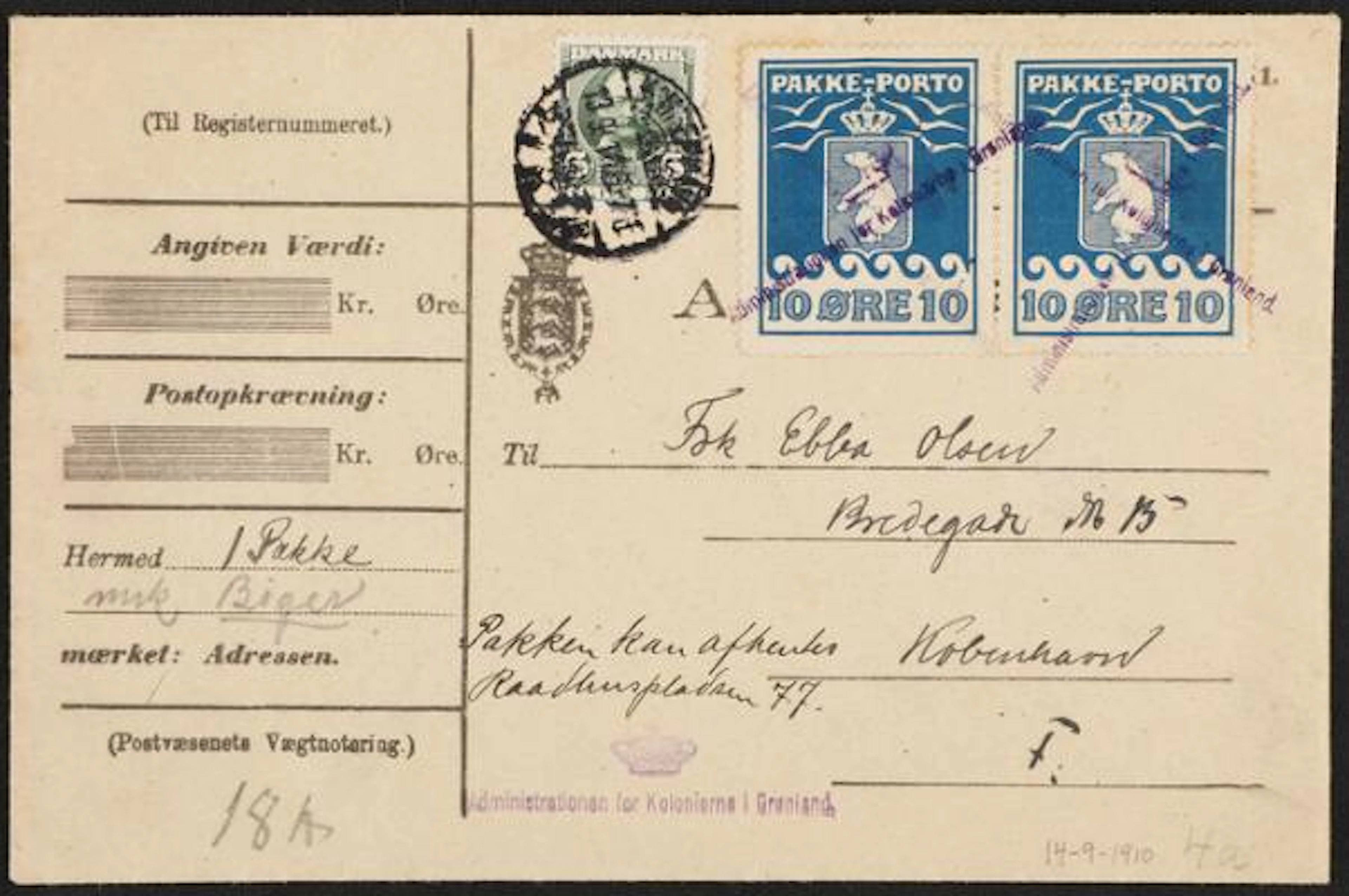 Greenland. 1905. 10 Øre, blue. Pair on parcelcover for a parcel from