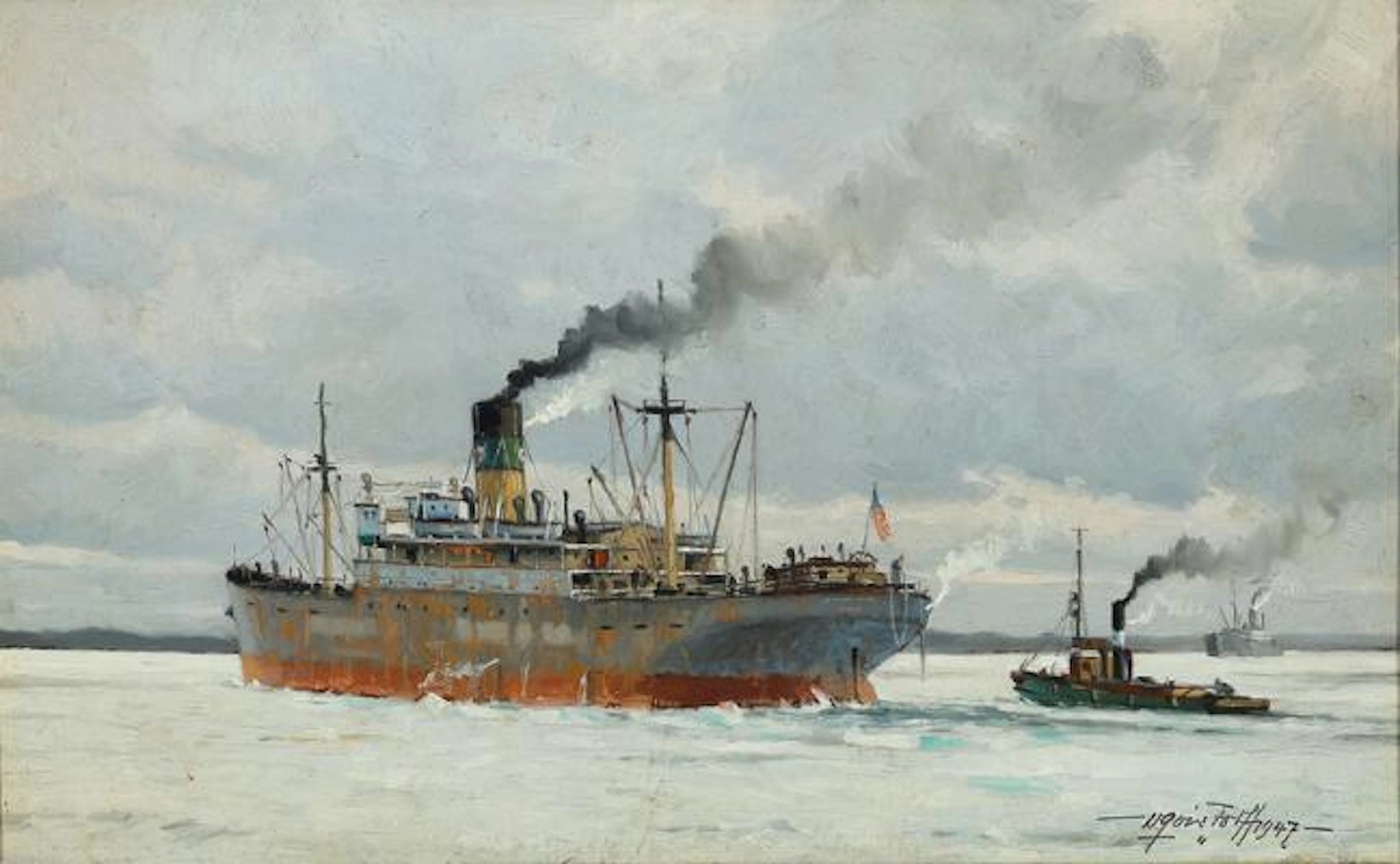 Victor Qvistorff: Steamships at sea. Signed V. Qvistorff 1947. Oil