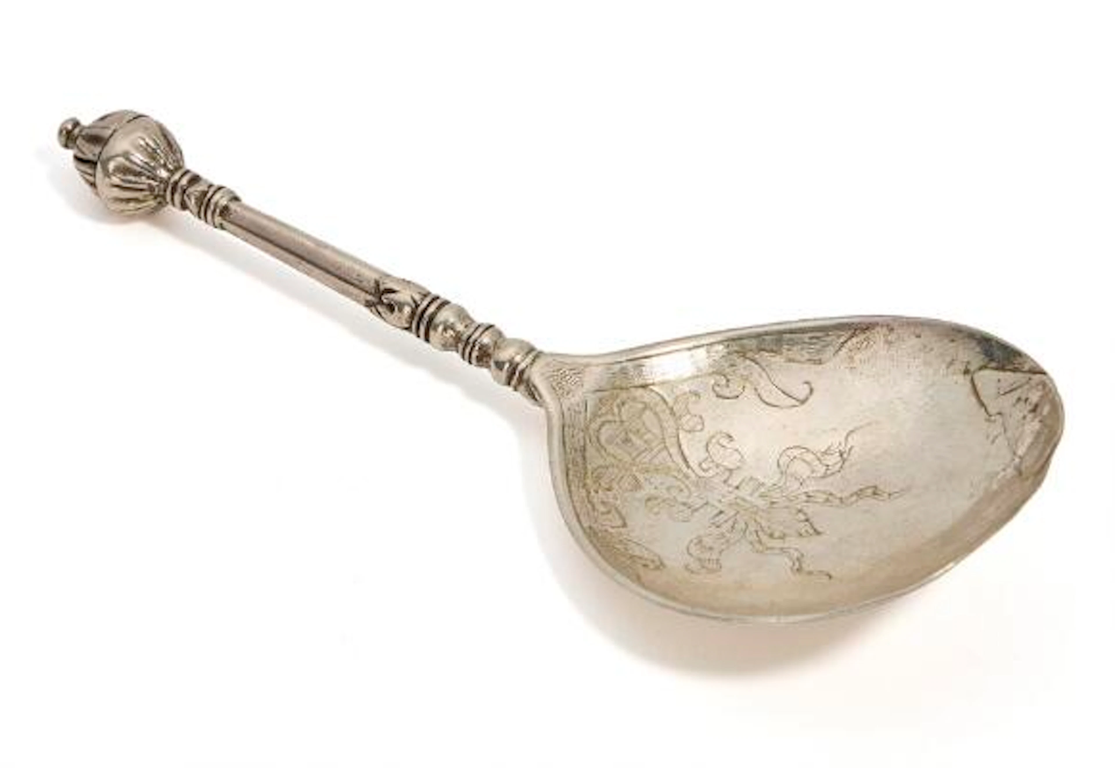A Danish Renaissance silver spoon, engraved with names and year 1624.