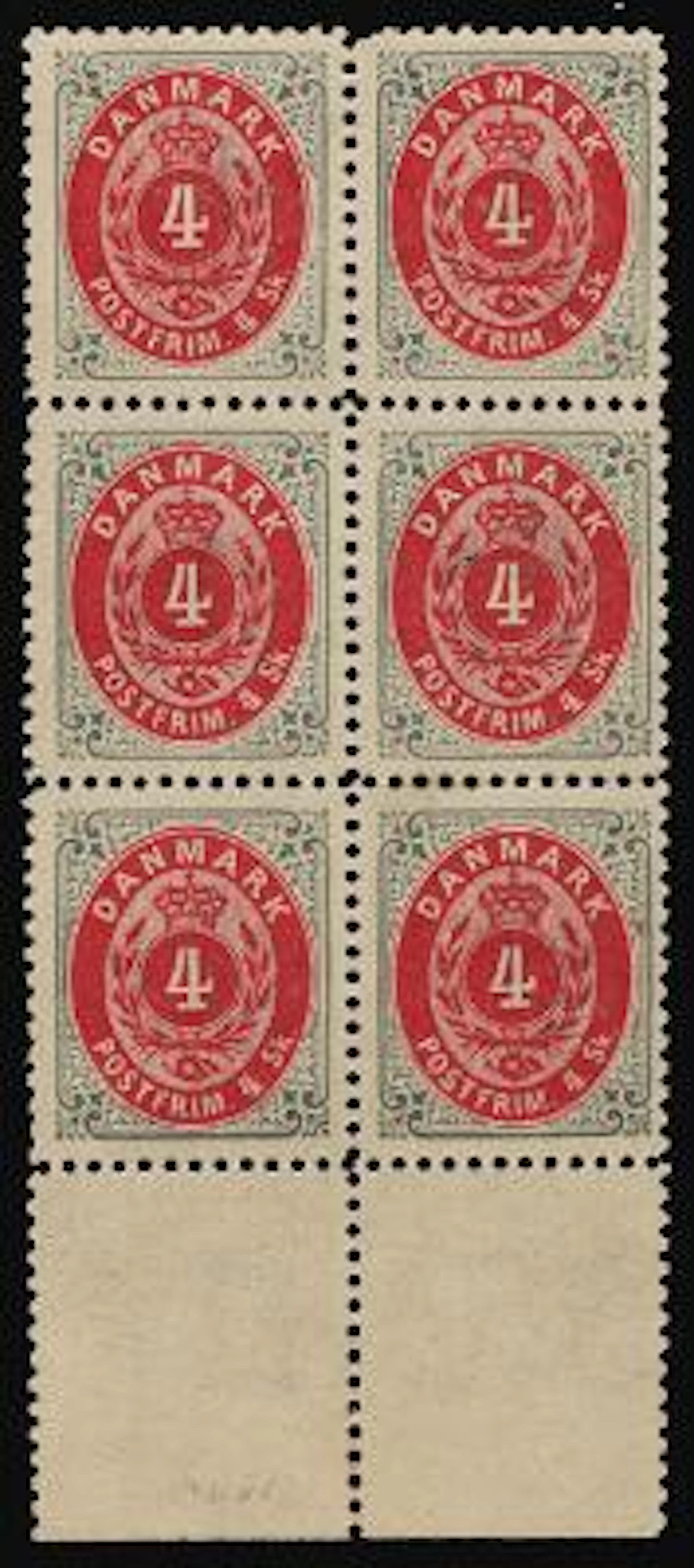 1870. 4 sk. grey/red. Line-perforated 12 1/2. Block of 6 with lower