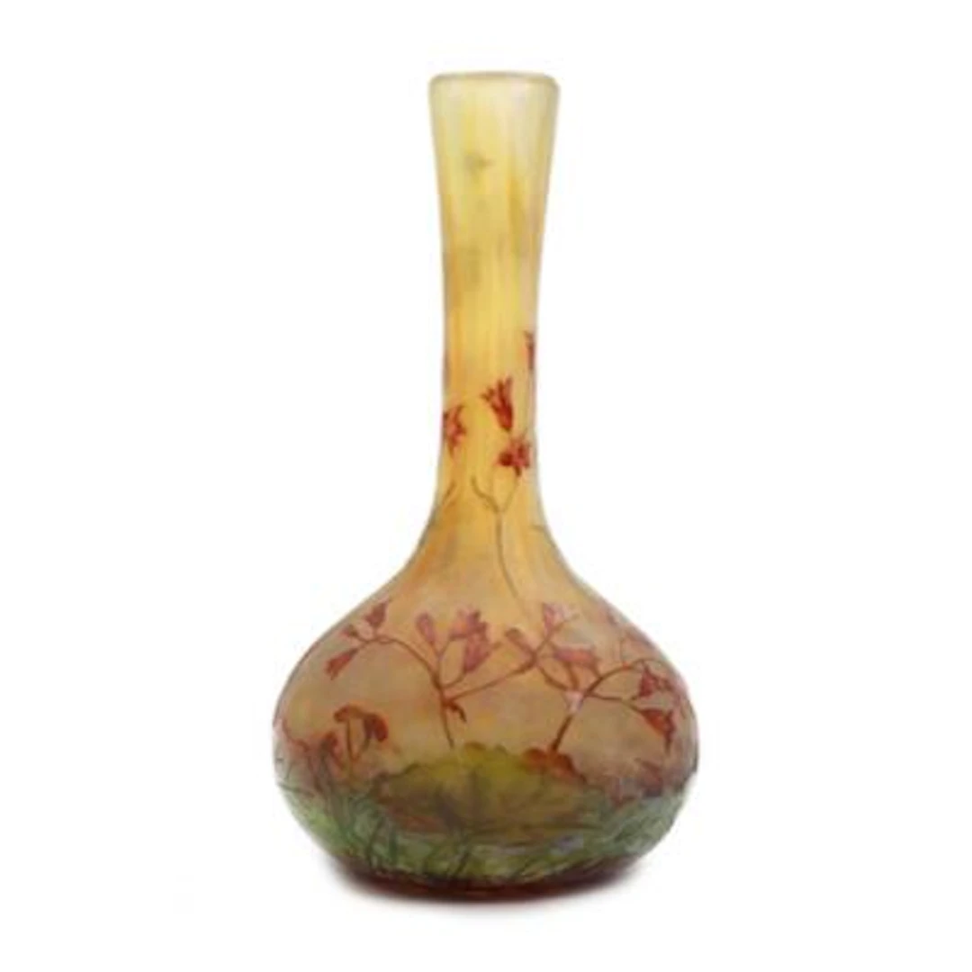 Daum Nancy: Glass vase with slender neck. Overlay cut and painted