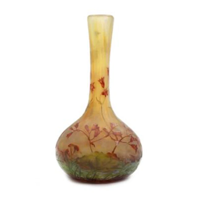 Daum Nancy: Glass vase with slender neck. Overlay cut and painted
