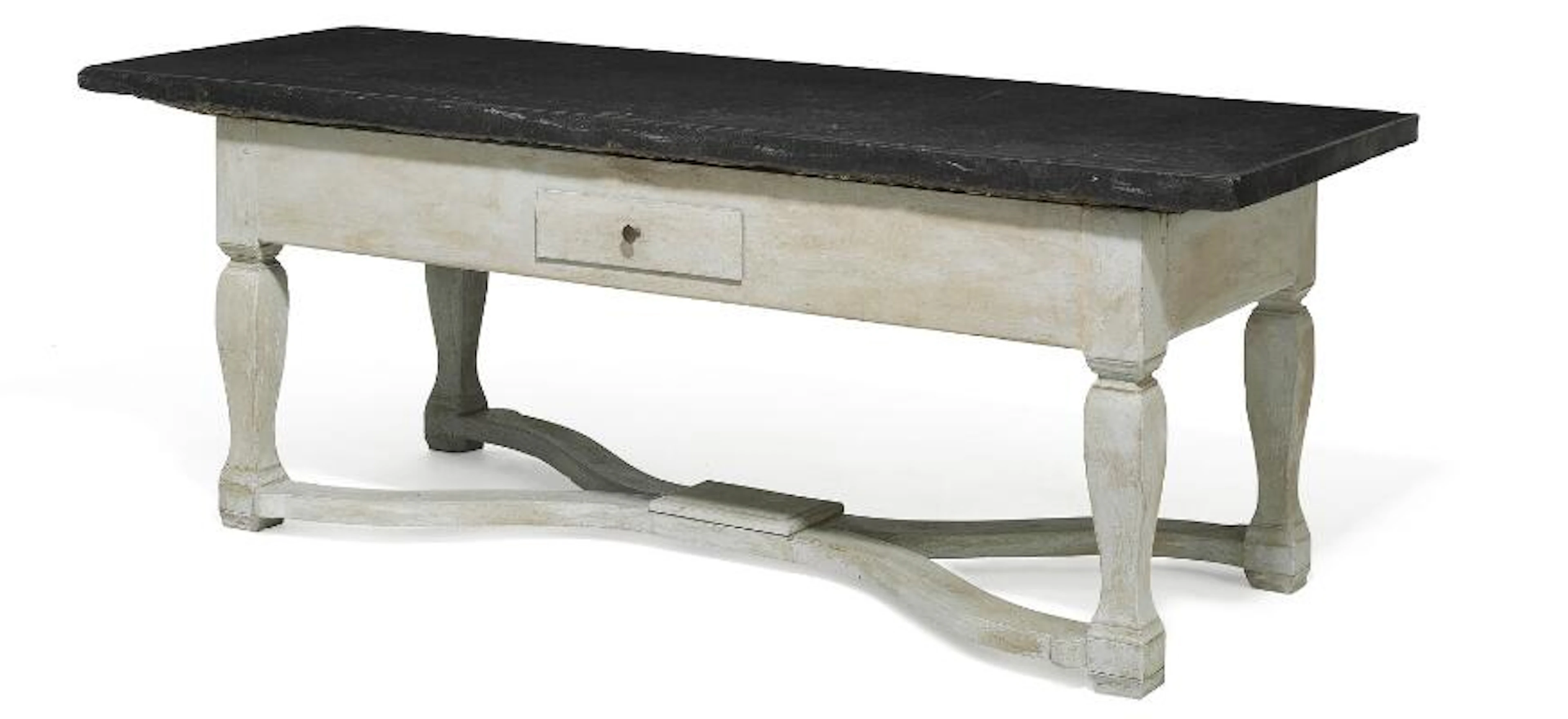 A large Swedish stone top table with light painted oak and pinewood