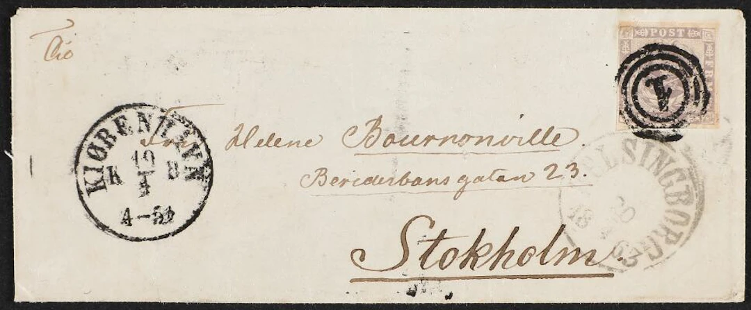 1857. 16 Skilling, grey violet. Cover from Copenhagen to Stockholm