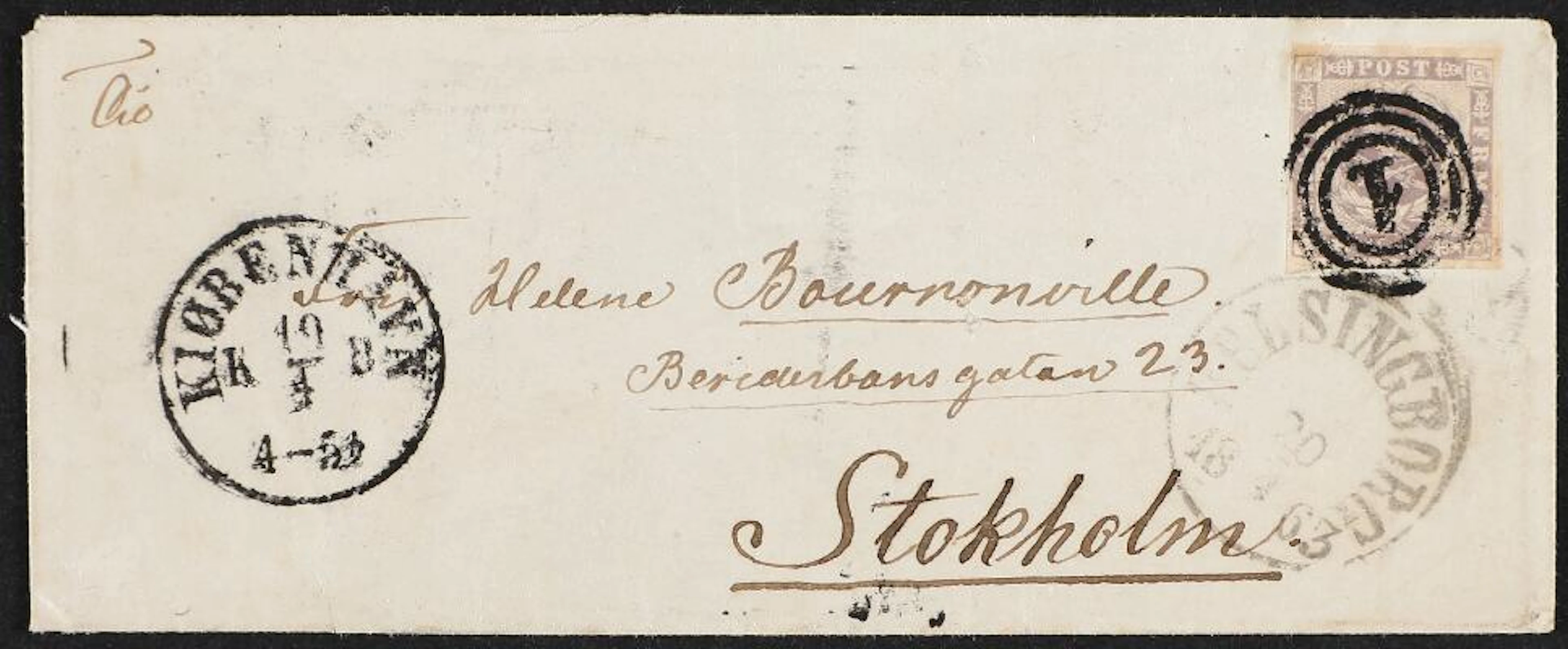 1857. 16 Skilling, grey violet. Cover from Copenhagen to Stockholm