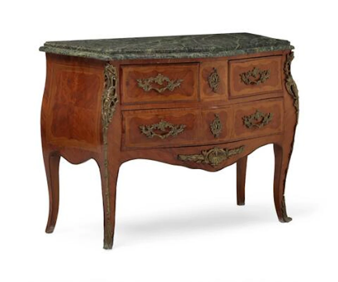 Louis XV style rosewood commode, front with two drawers, marble top.