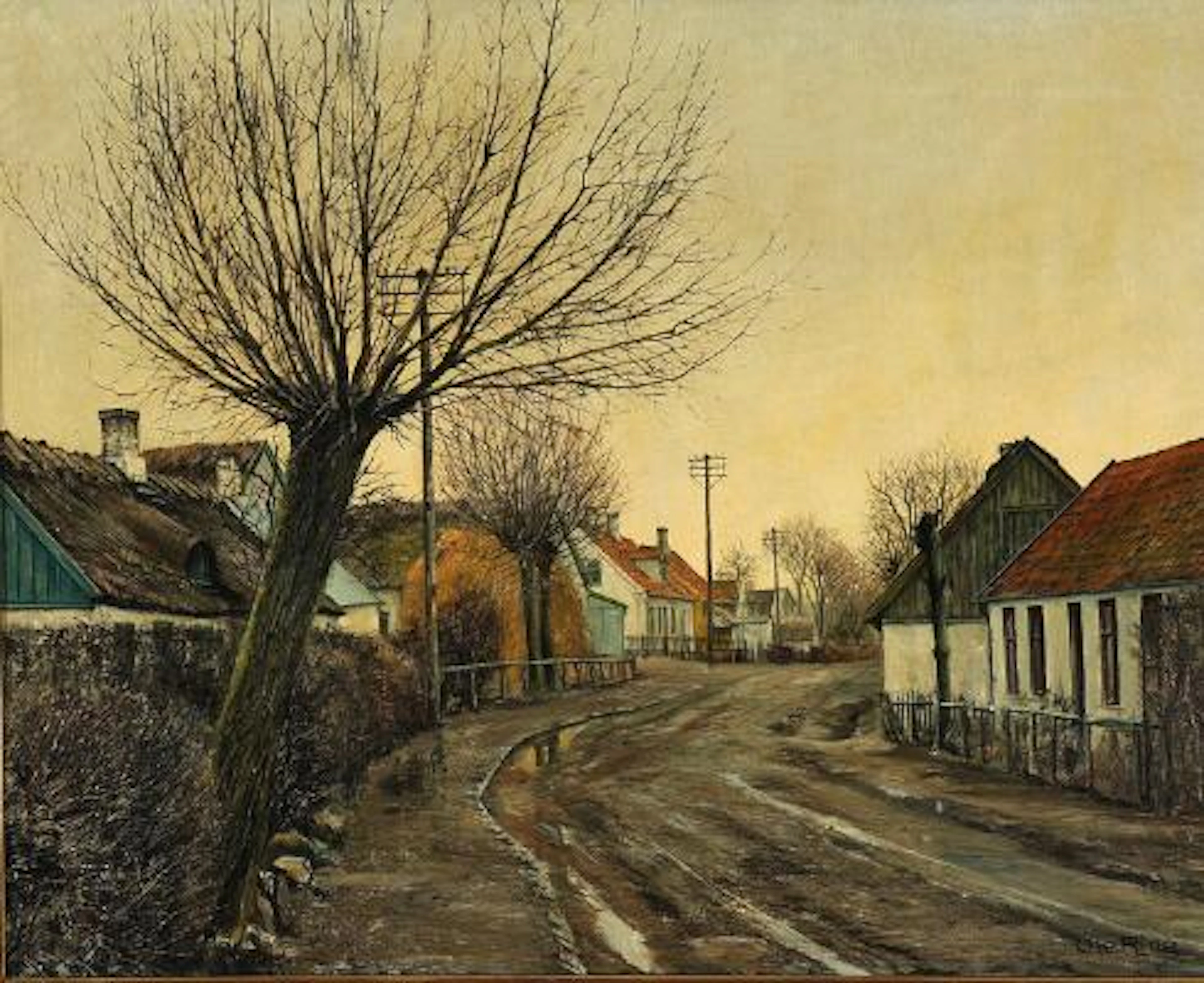 Ole Ring: Bare trees along a rain-wet road in the village. 1939. Signed