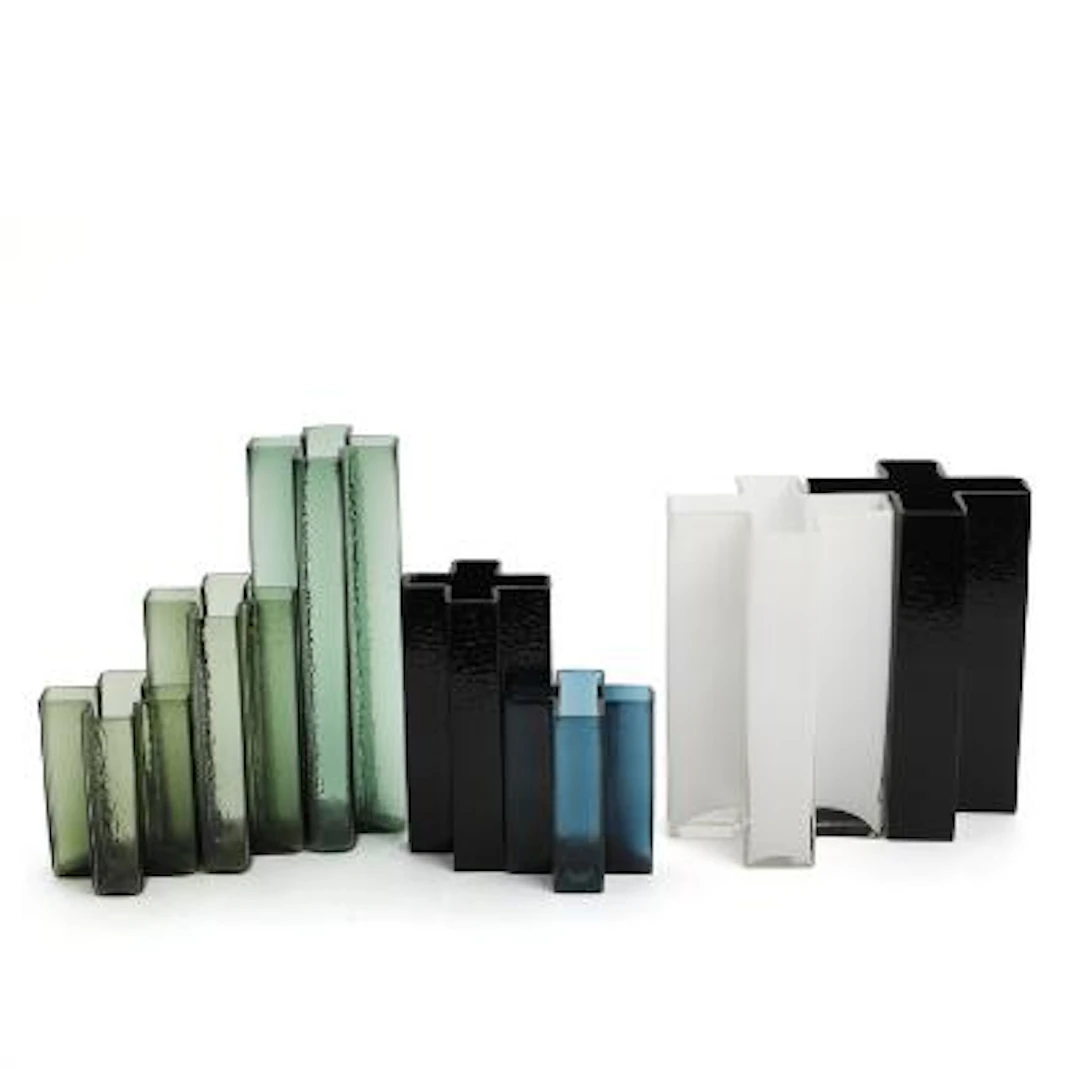 Bodil Kjær: "Kryds". Collection of green, blue, black a.o. glass vases.