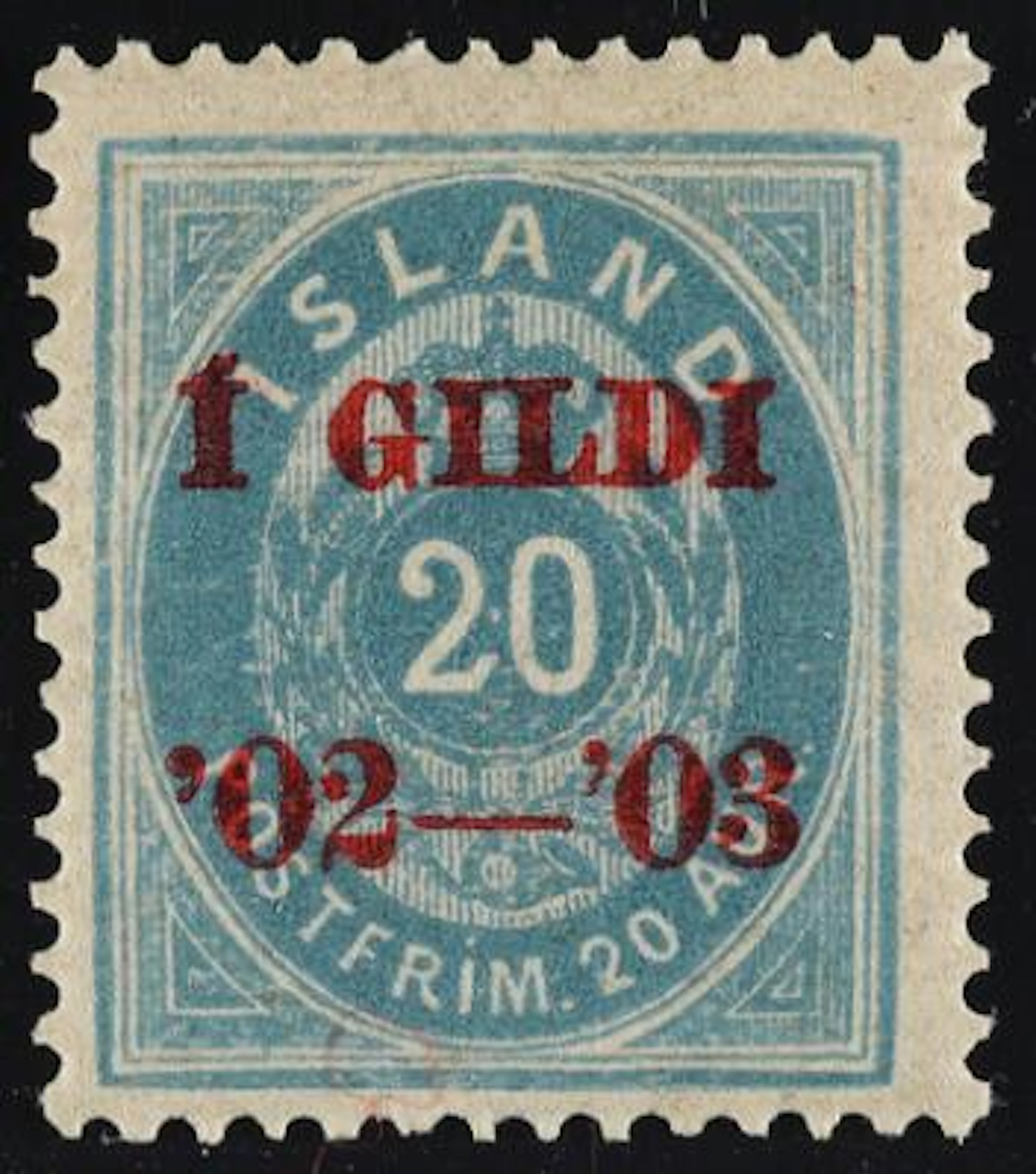 Iceland. 1902. I GILDI. 20 Aur, blue. Perf. 14. Red overprint I GILDI.