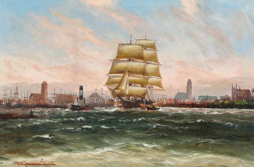 Alfred Jensen: Ships departing the harbour of Hamburg. Signed Alfred