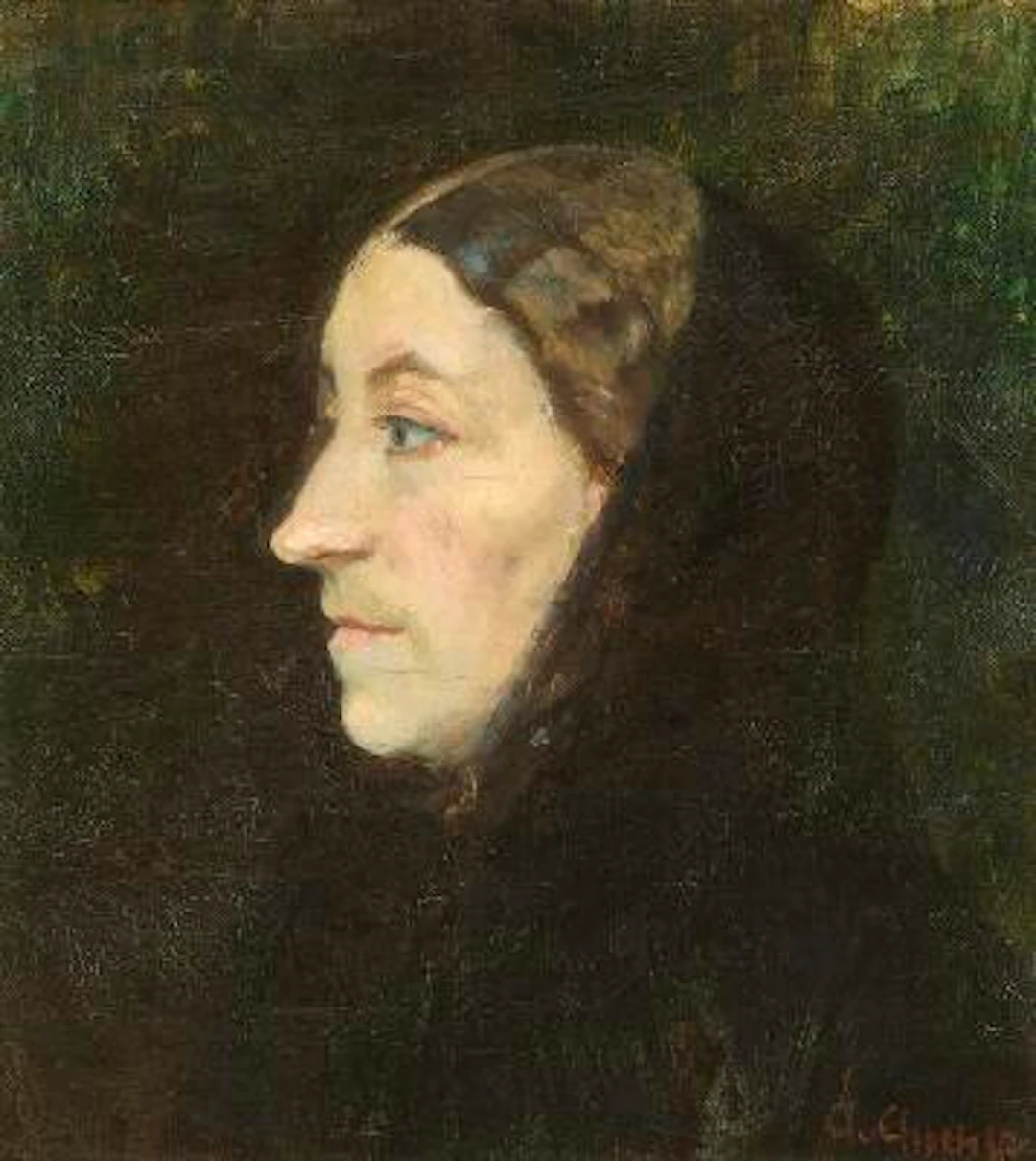 Anna Ancher: Portrait of Ane Raadsig (1856–1943) in profile. C. 1895.