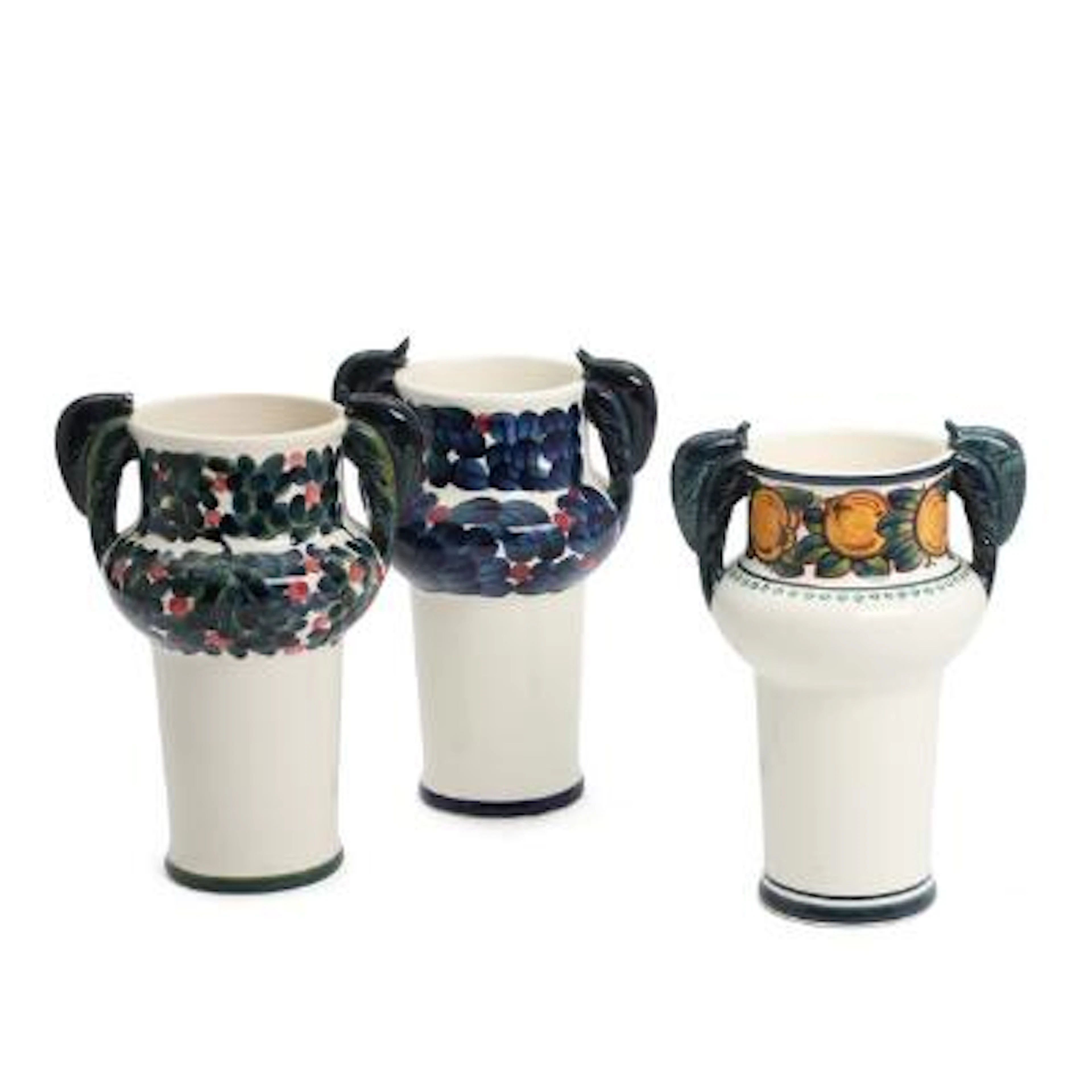 Harald Slott-Møller: Three faience vases with snail handles. Aluminia.