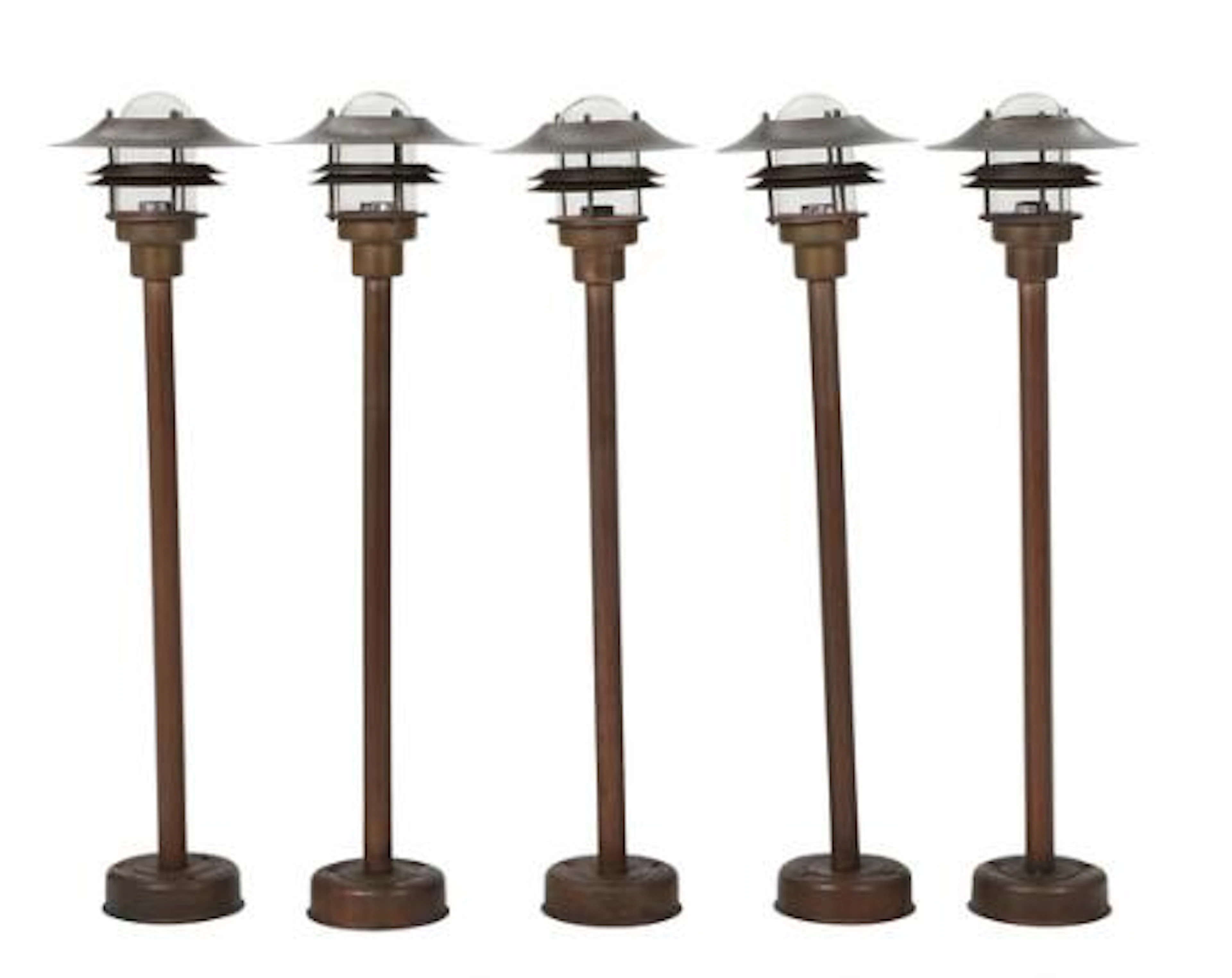 Danish design: Five patinated copper outdoor lamps. Manufactured and