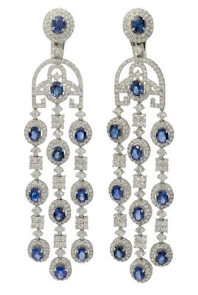 A pair of sapphire and diamond ear pendants of 18k white gold. L.