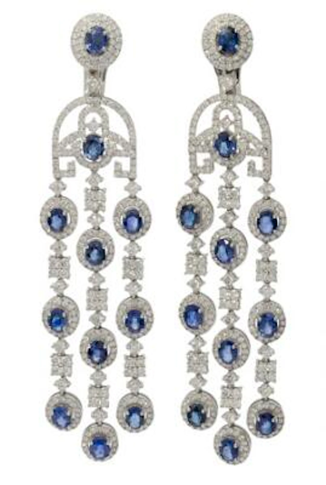 A pair of sapphire and diamond ear pendants of 18k white gold. L.