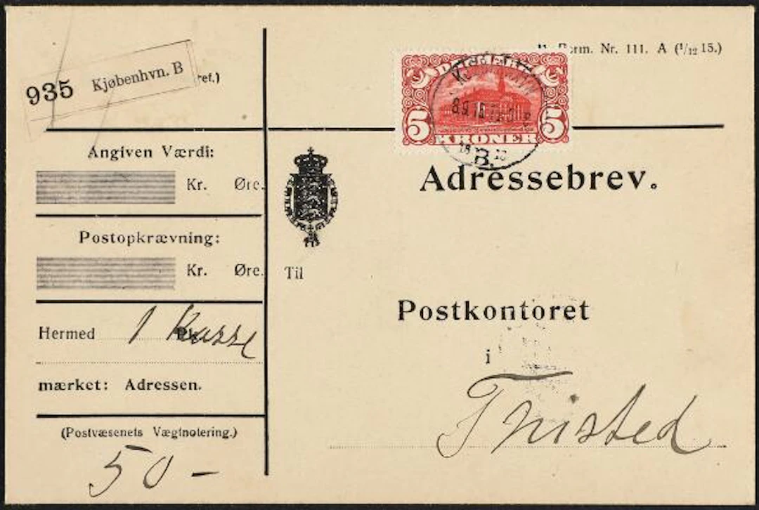 1915. General Post Office. 5 Kr. brown red. Perf. 14, wmk. Crosses.
