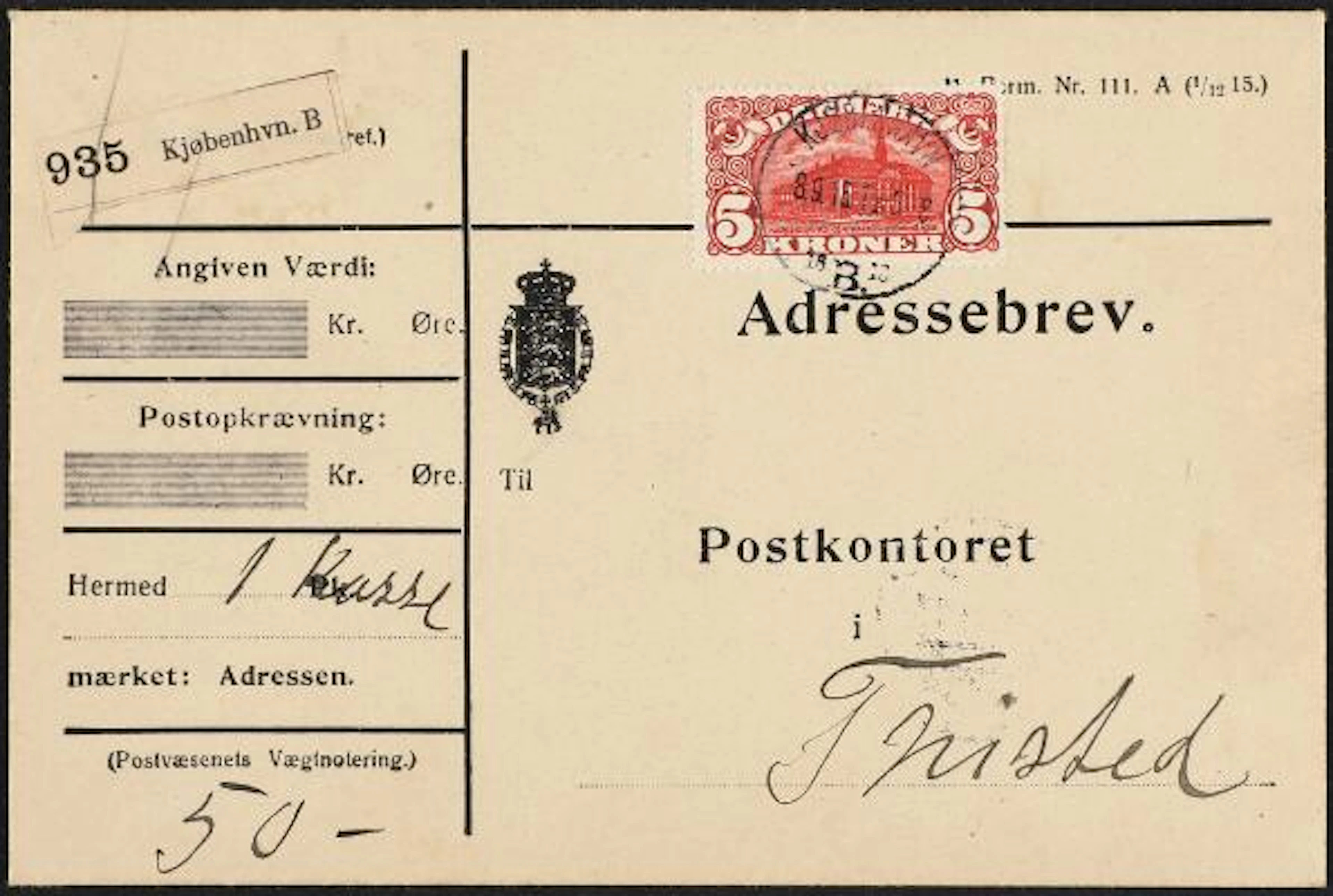 1915. General Post Office. 5 Kr. brown red. Perf. 14, wmk. Crosses.