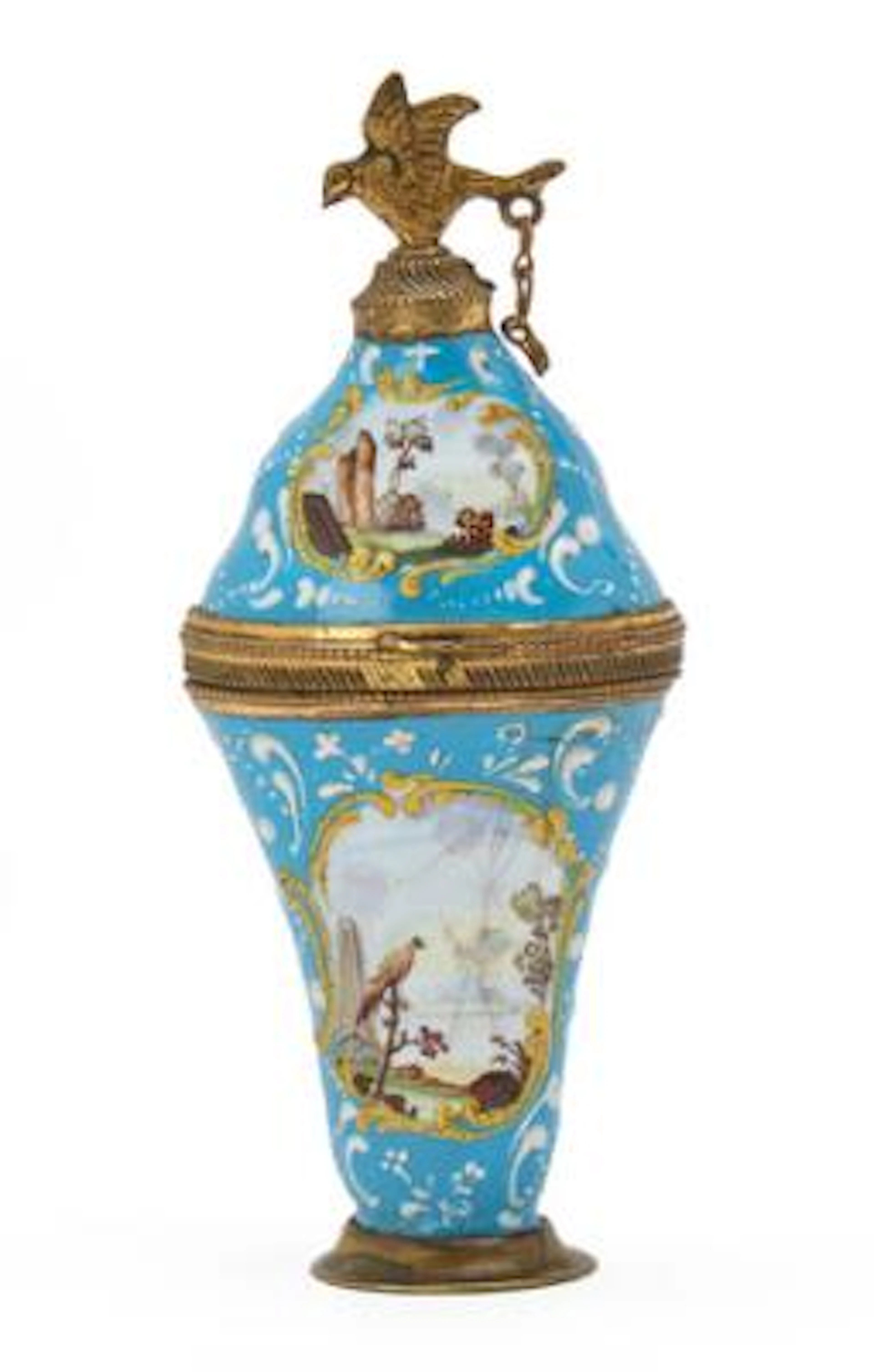 An English gilded bronze and enamel scent bottle. Presumably London
