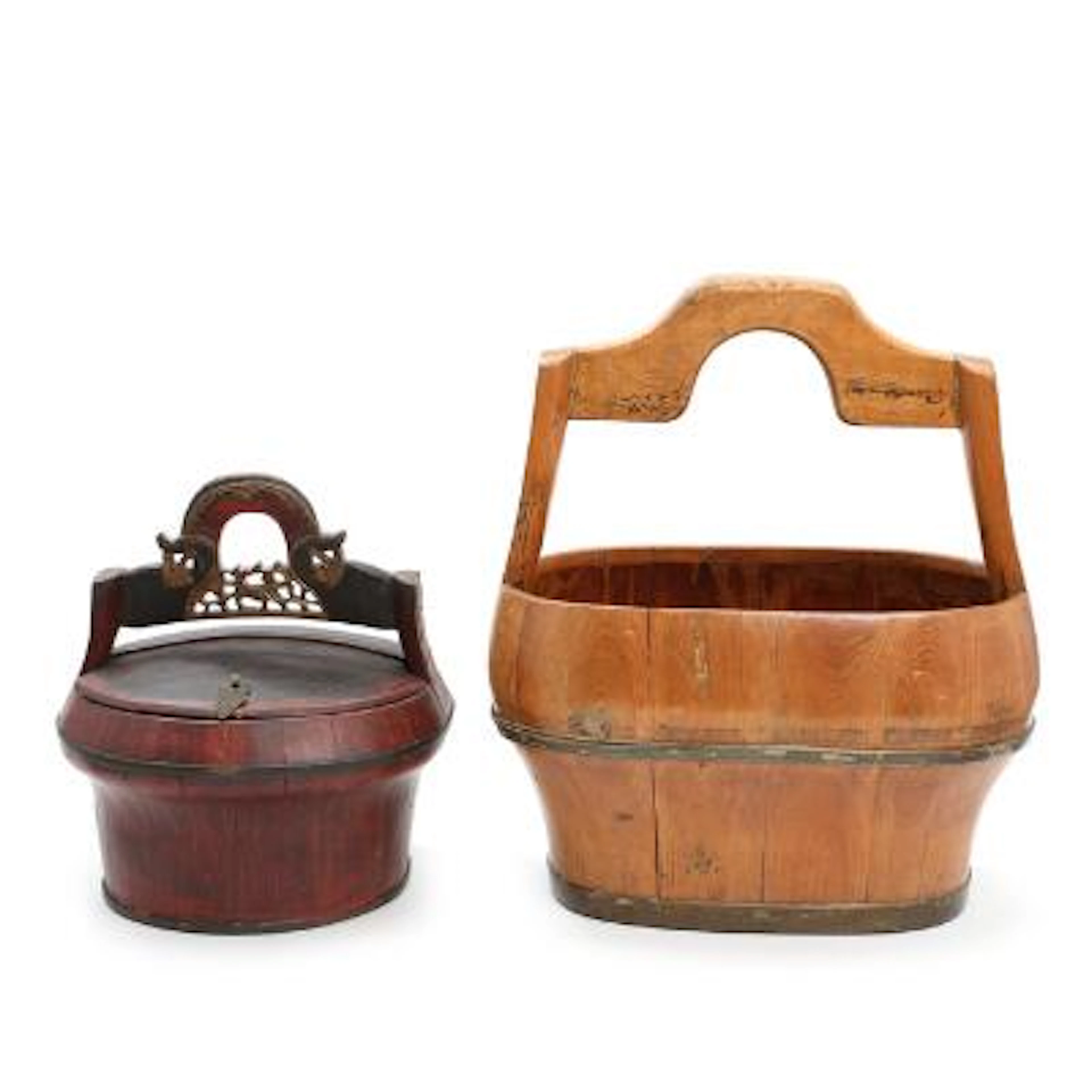 Chinese wedding basket of lacquered wood and a wooden water bucket.