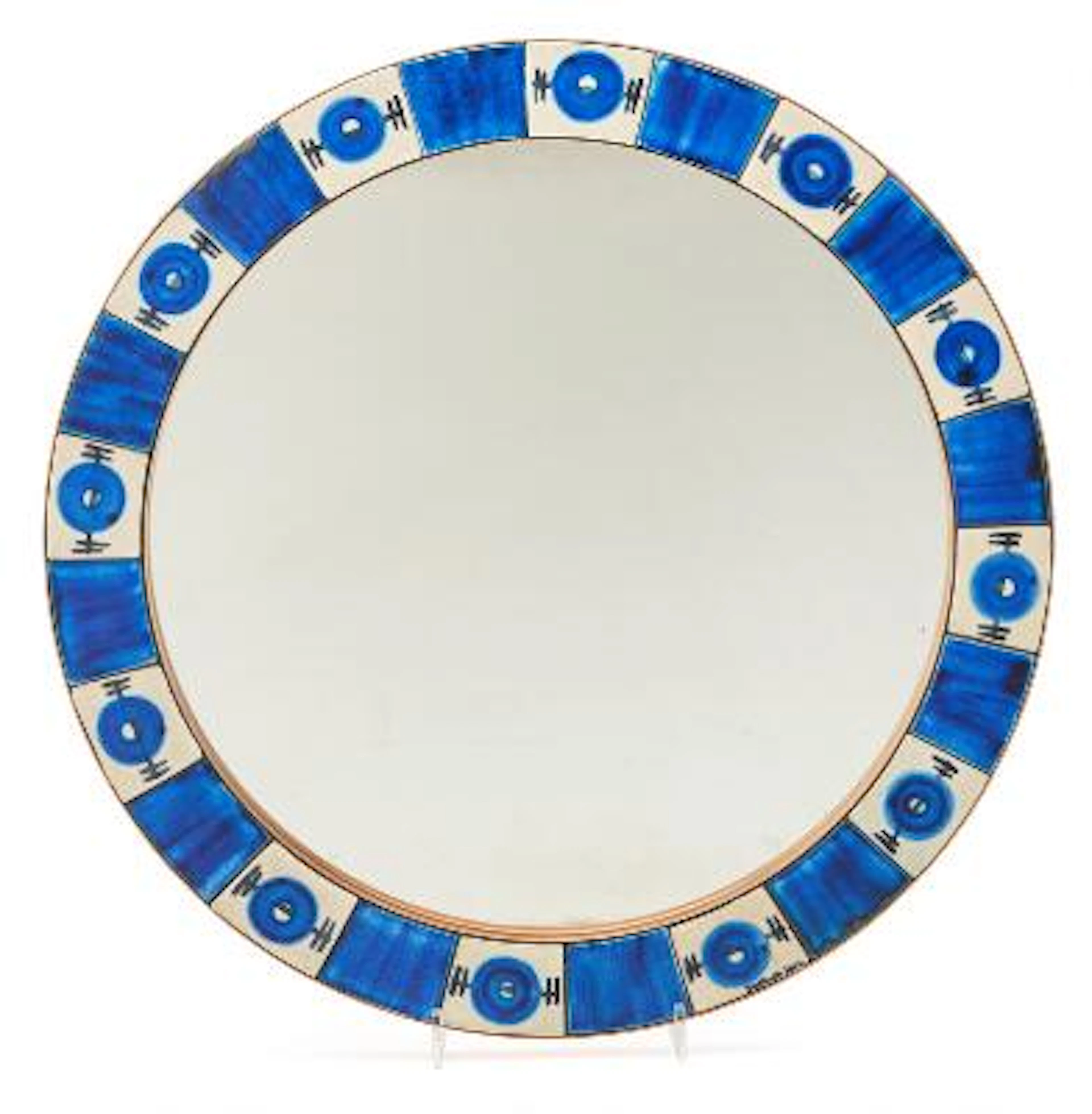 Dietlinde Hein: Circular mirror in copper frame with blue/white ceramic
