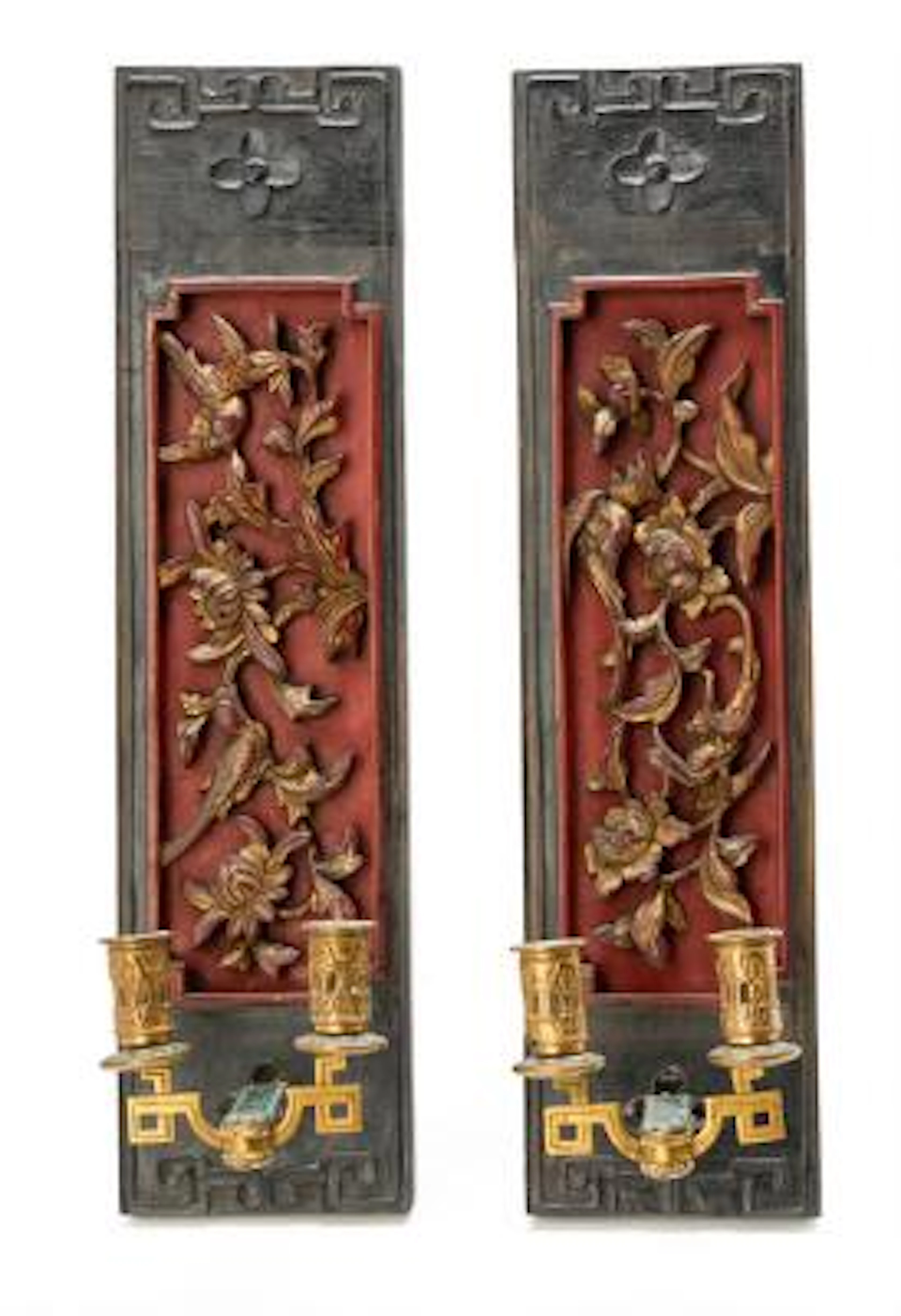 A pair of wall lights of cloisonné. Partly 19th century. H. 55 cm.