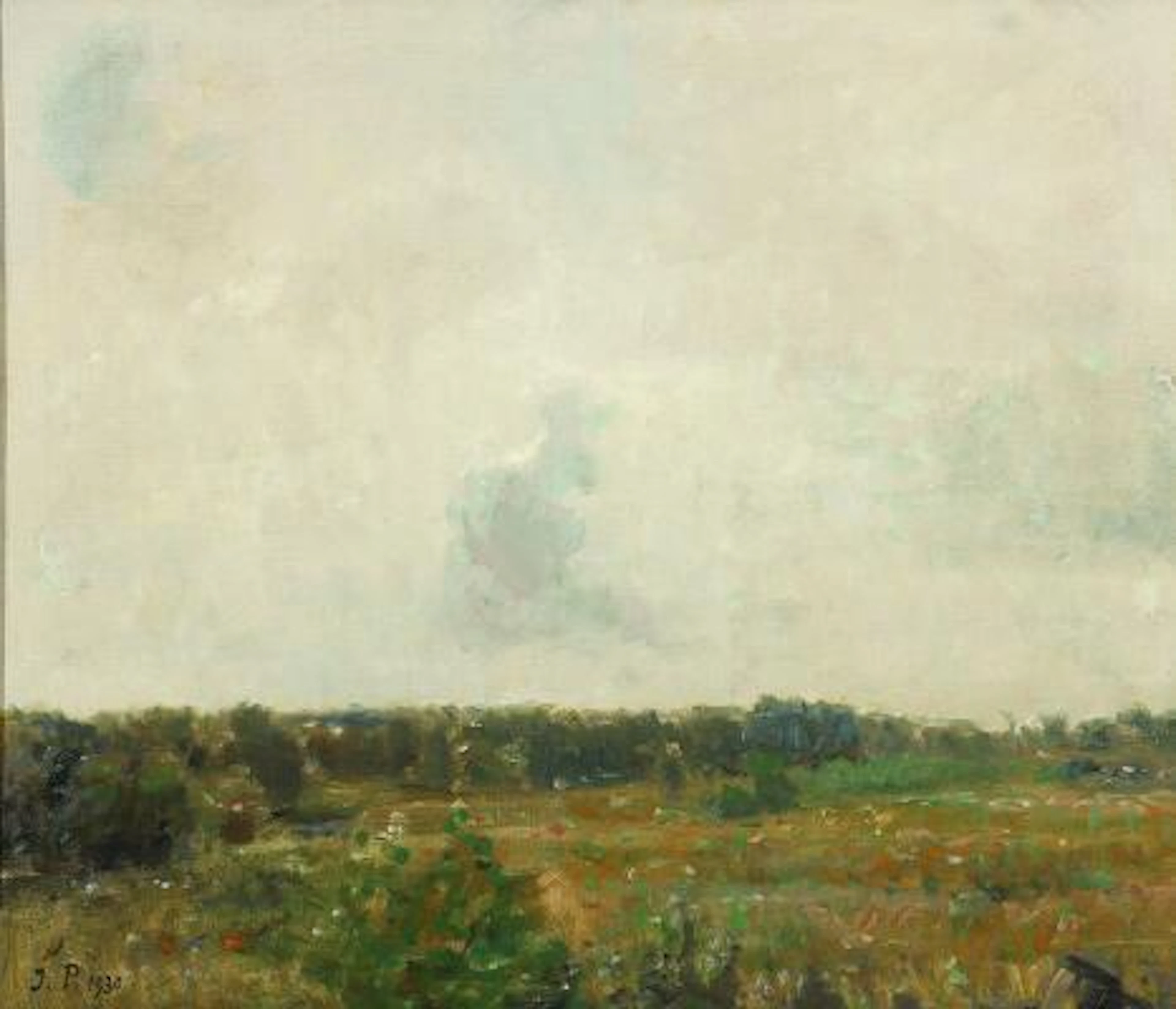 Julius Paulsen: Cloud formations over a landscape. Signed J. P. 1930.