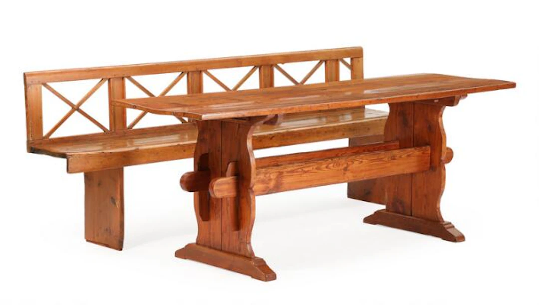 Country side bench and table of pine wood. Circa 1830. Bench: L. 220.