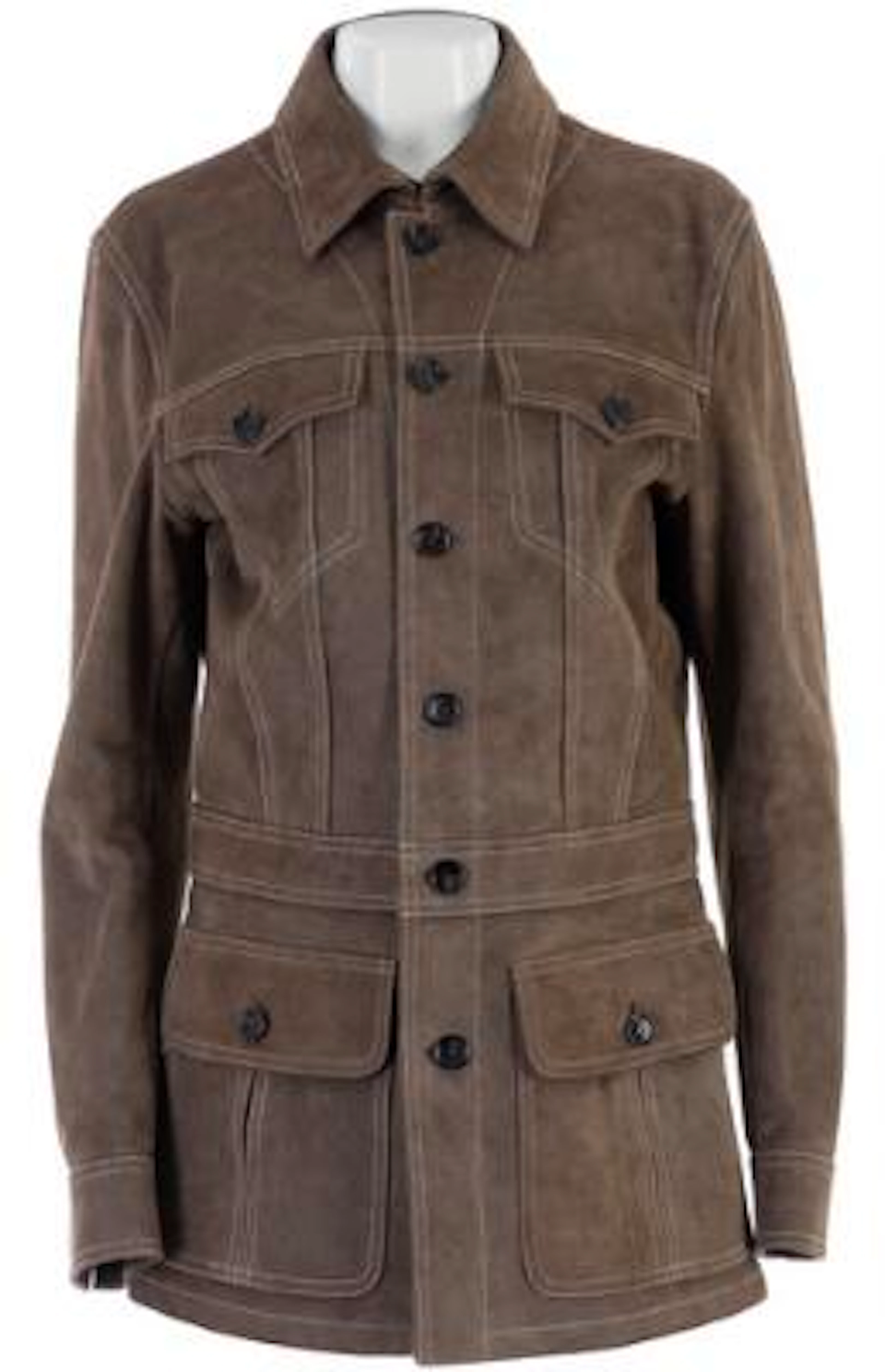 Gucci: A jacket of brown suede with white stitching, a collar, four