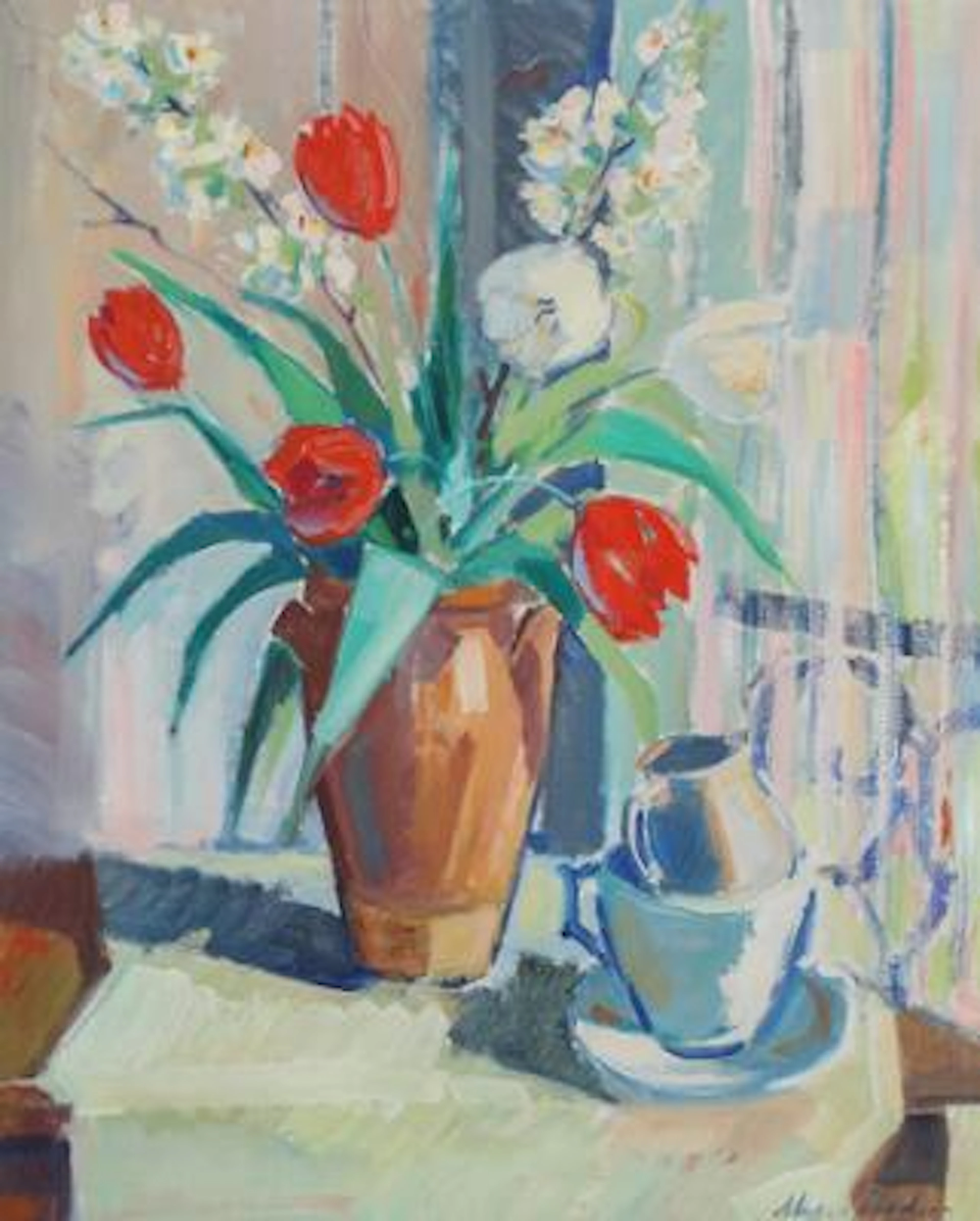 Johan Meyer Andersen: Still Life with Tulips and Lilacs. Signed Meyer