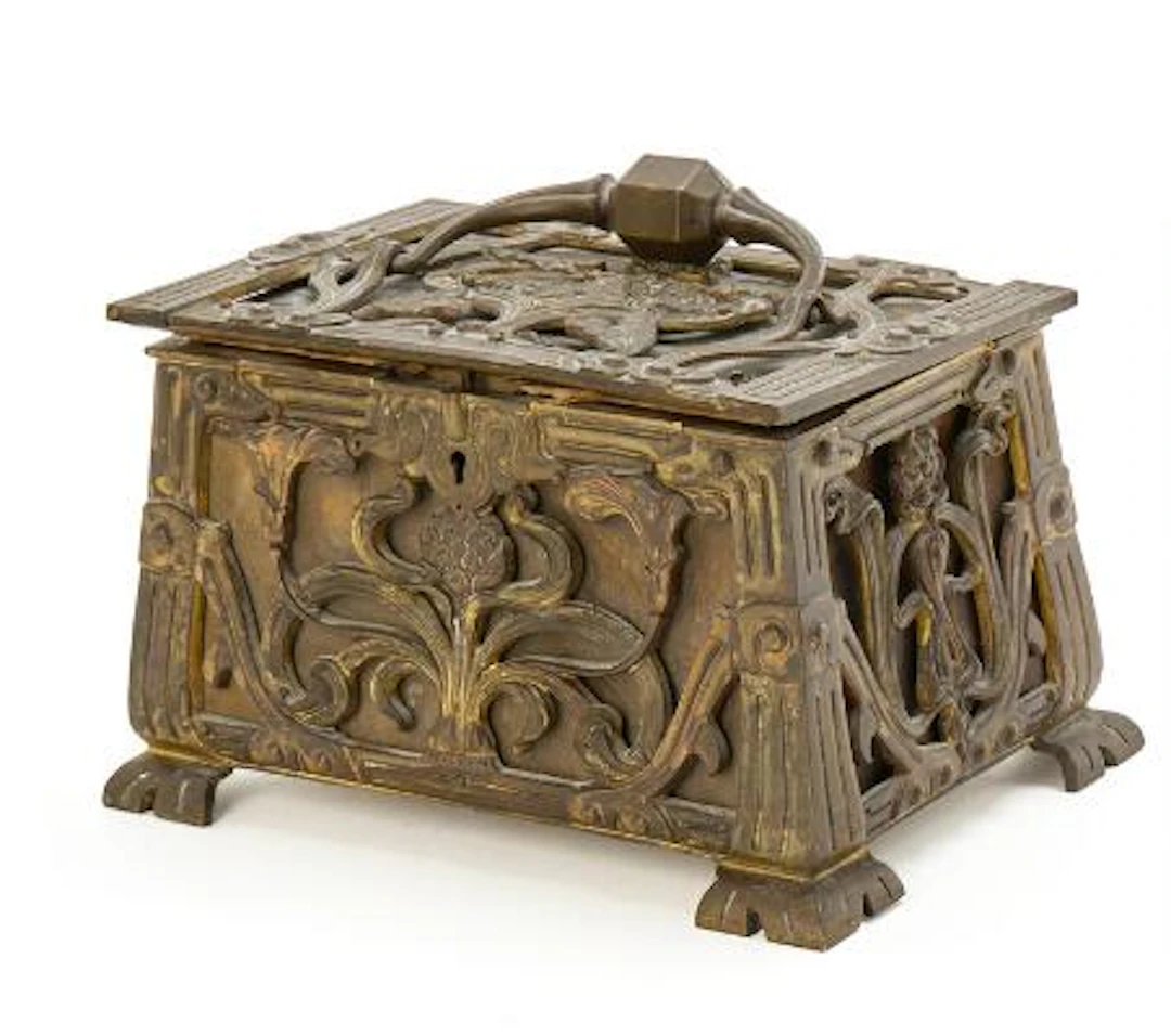 Art Nouveau casket of pierced bronze cast with flowers and design