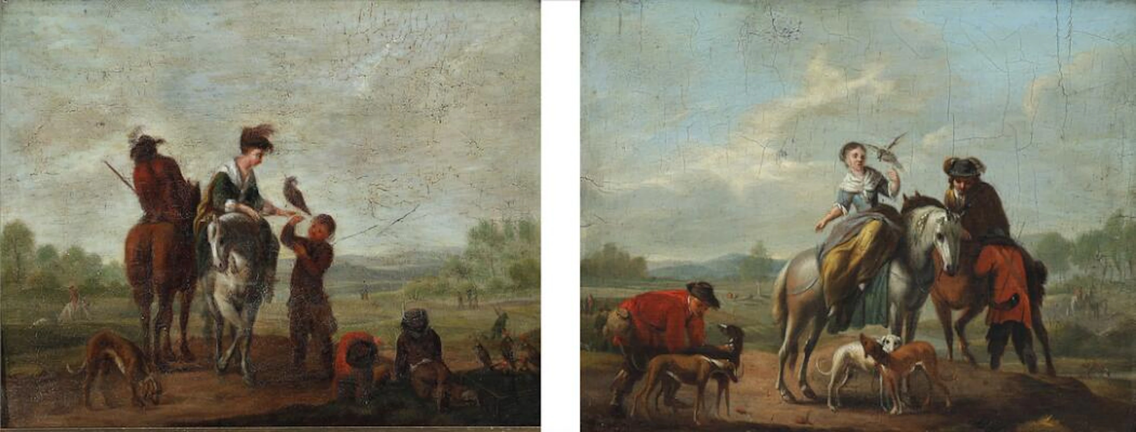 Dutch painter, 18th century: Two hunting motifs with falconry from