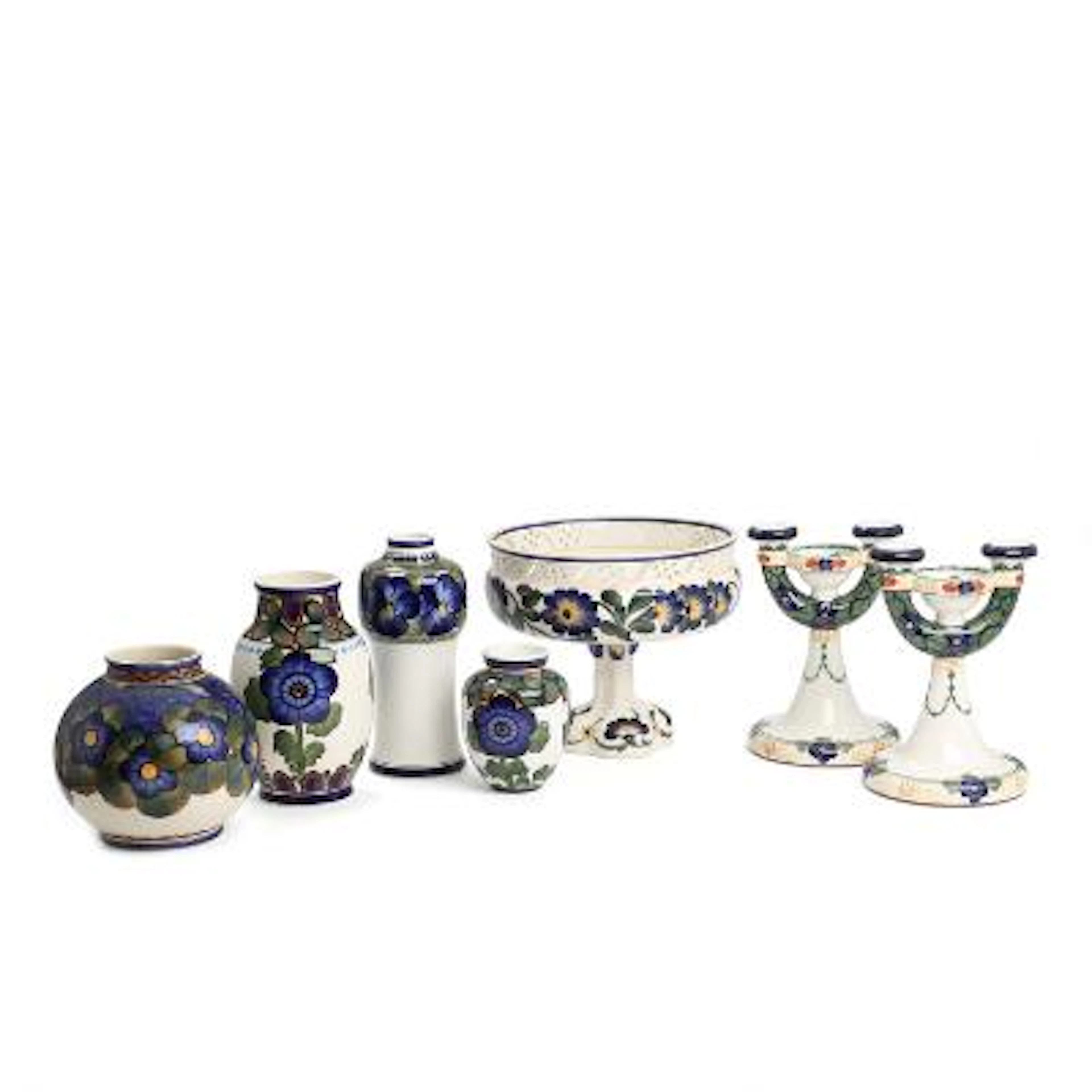 Harald Slott-Møller a.o.: A pair of faience candelabrum, four vases