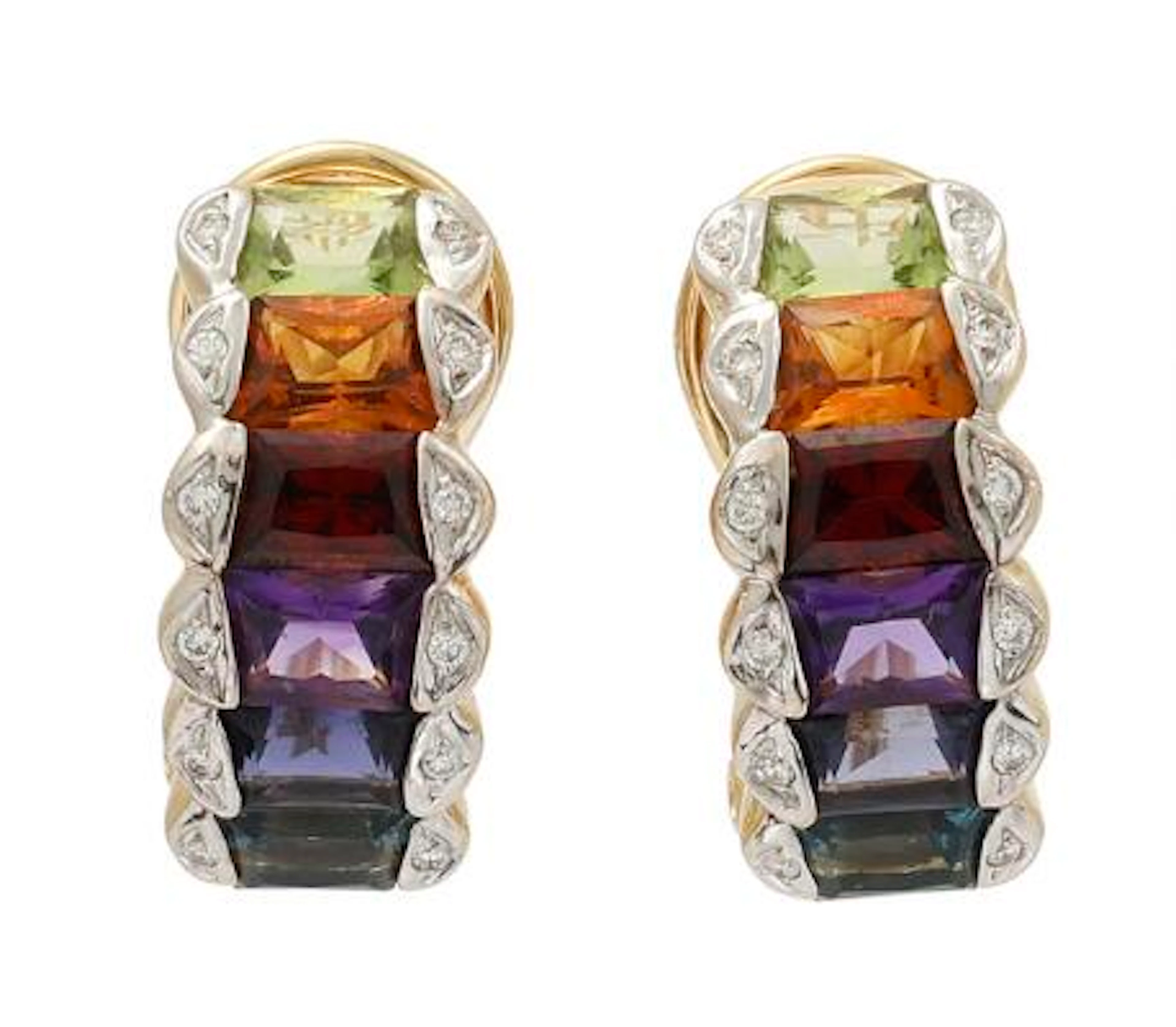 A pair of studs each set with a topaz, quartz, tourmaline and diamonds