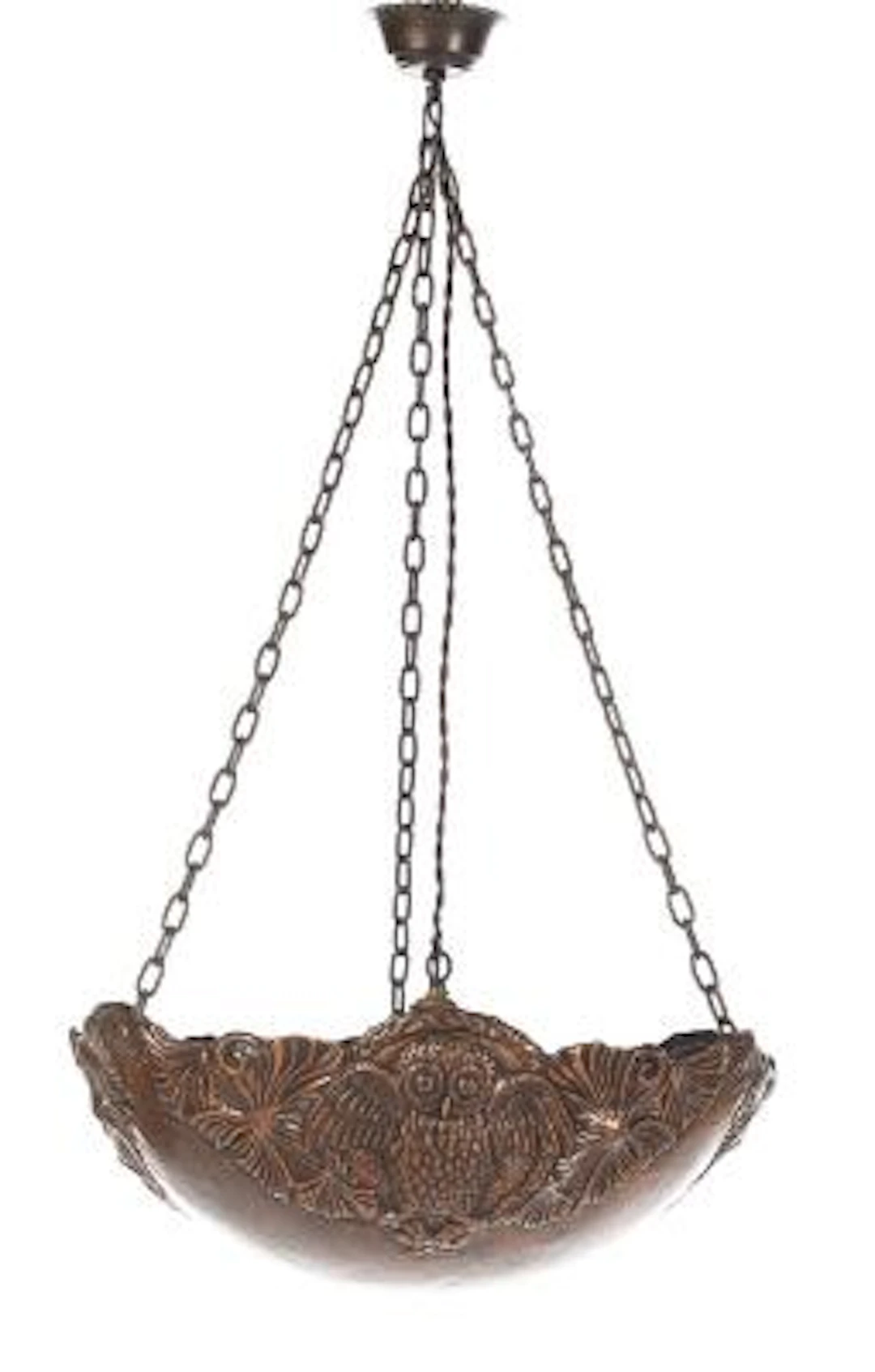 Danish design: Pendant lamp in patinated copper, decorated with owls