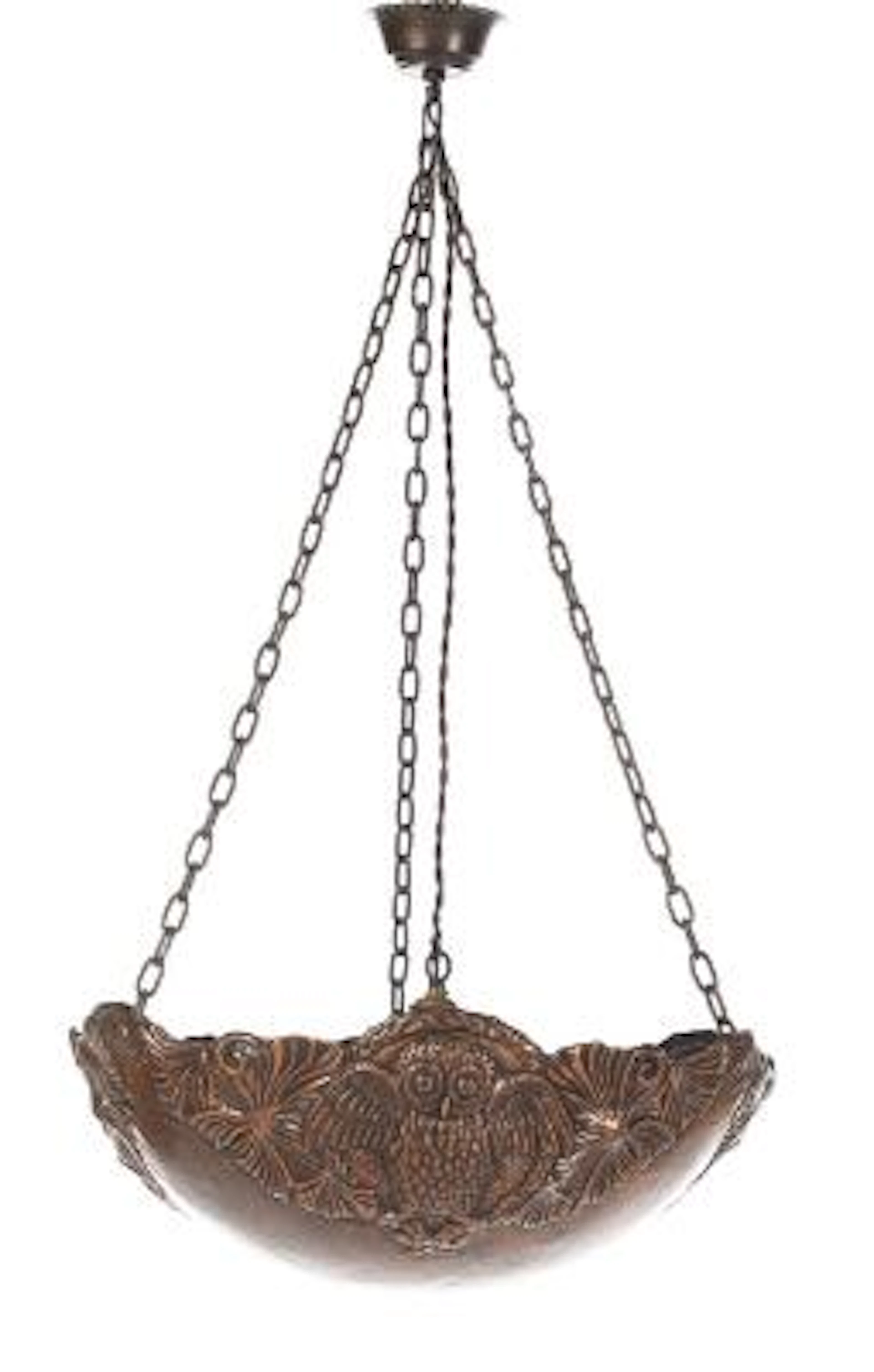 Danish design: Pendant lamp in patinated copper, decorated with owls