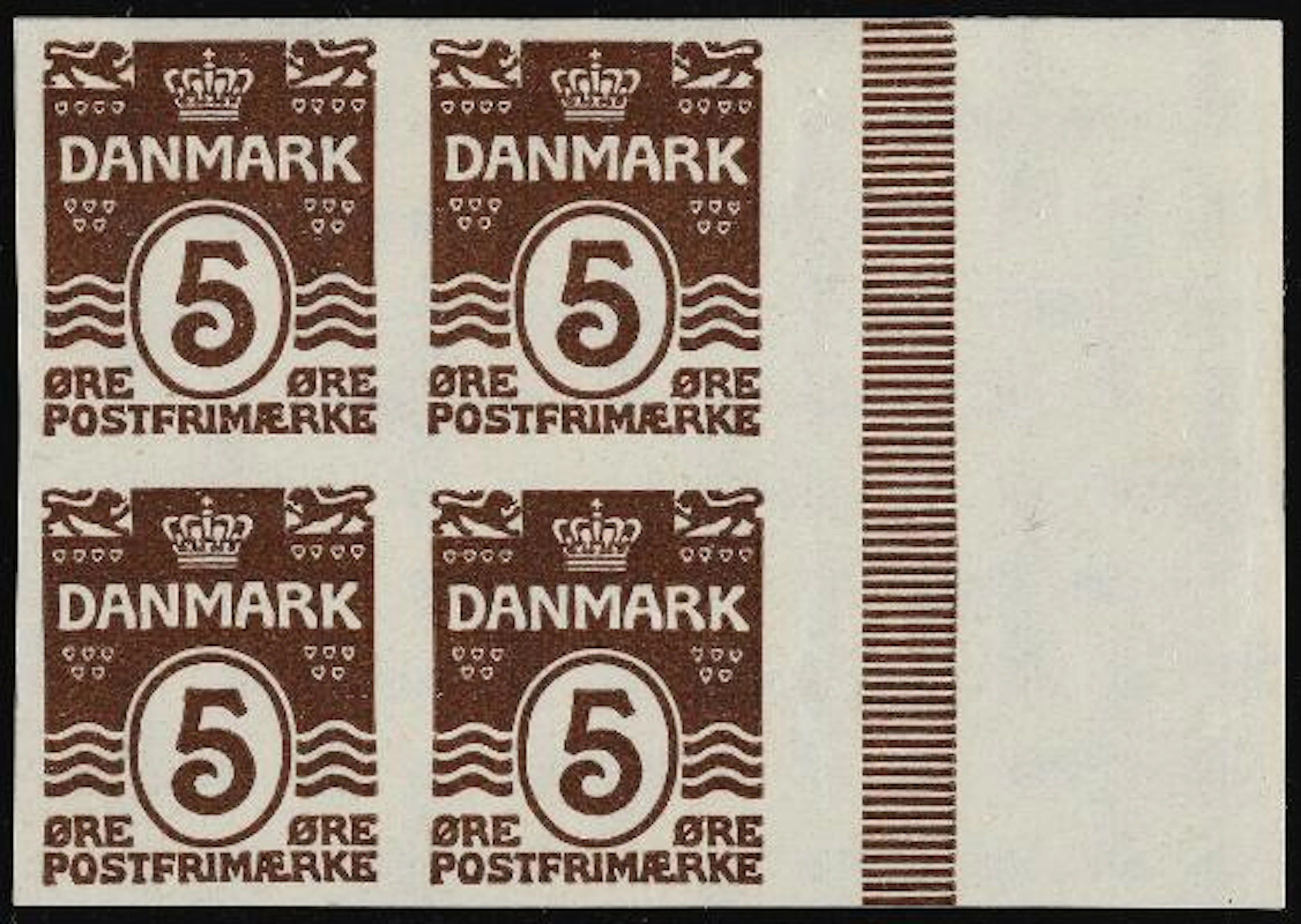 1921. Wavy line. 5 øre, brown. IMPERFORATED MNH block of 4 with full